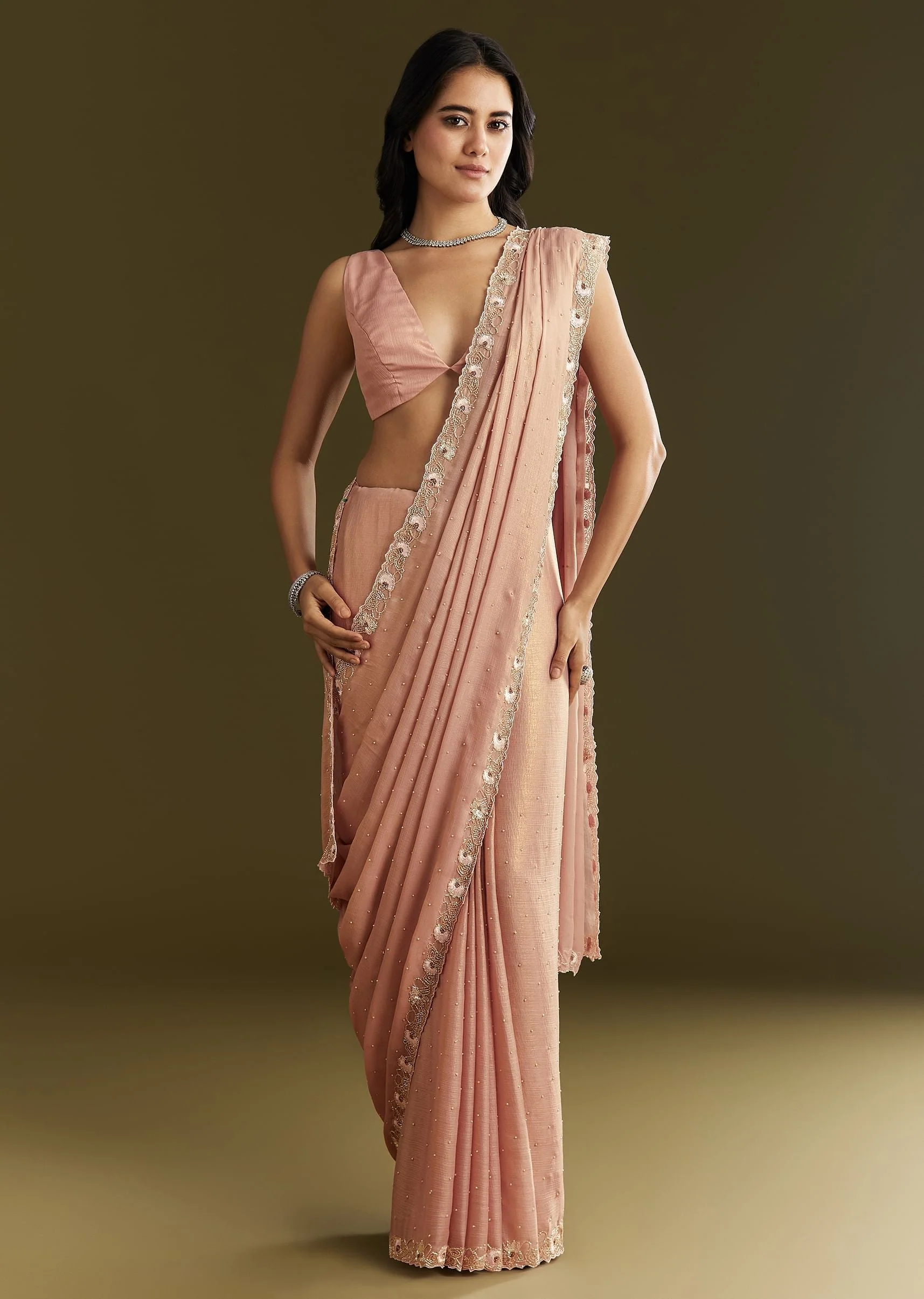 Beige Glass Tissue Saree With Moti Cutdana And Sequins Embroidery And Scallop Border