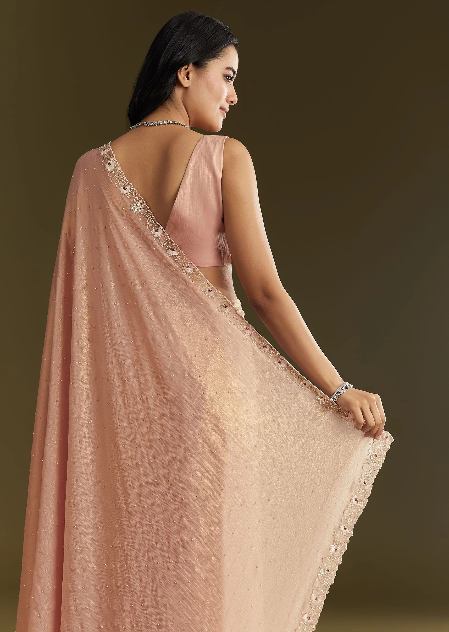Beige Glass Tissue Saree With Moti Cutdana And Sequins Embroidery And Scallop Border - Image 6
