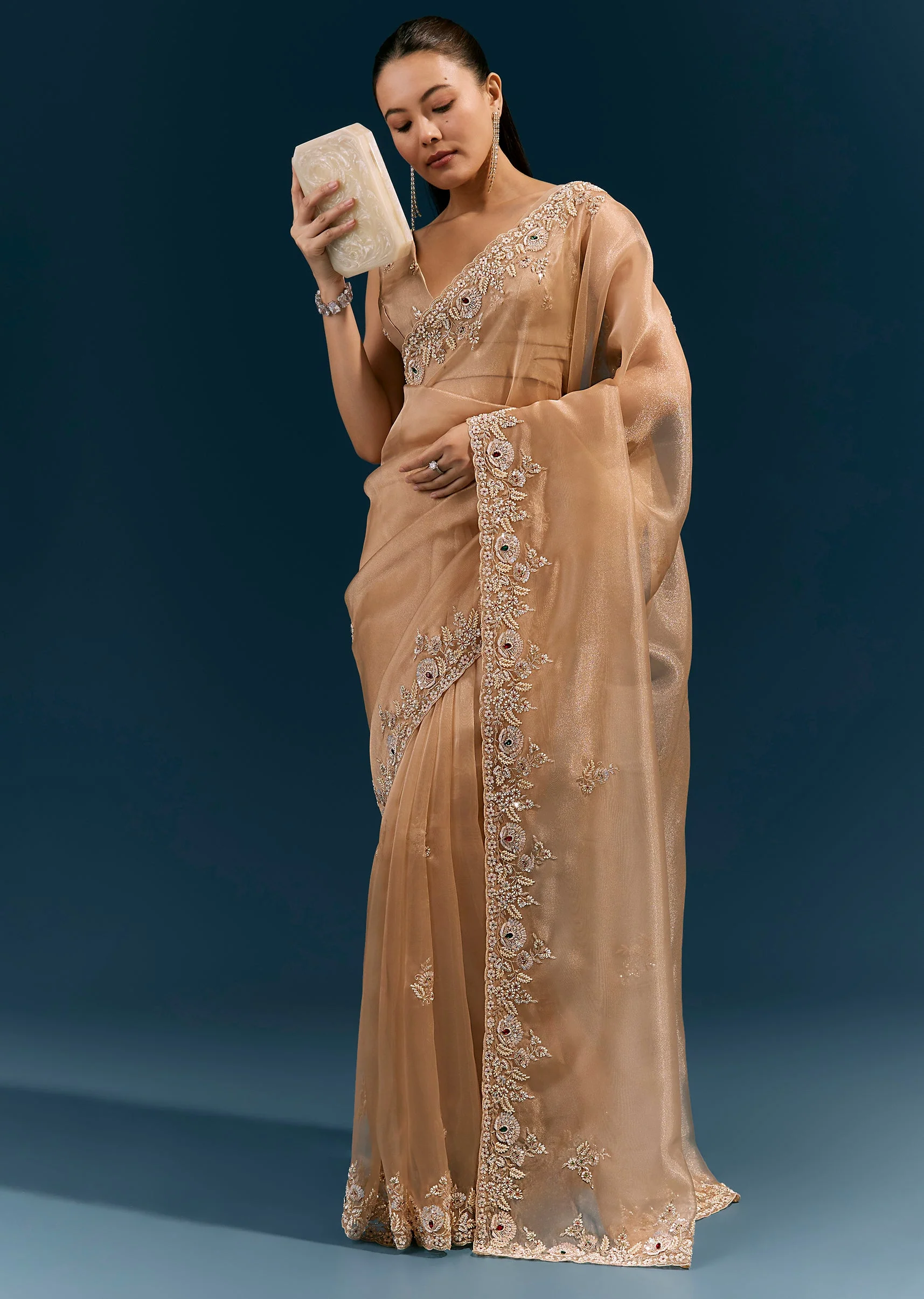 Beige Glossy Tissue Saree With Heavy Floral Embroidered Border And Stone Highlights - Image 3