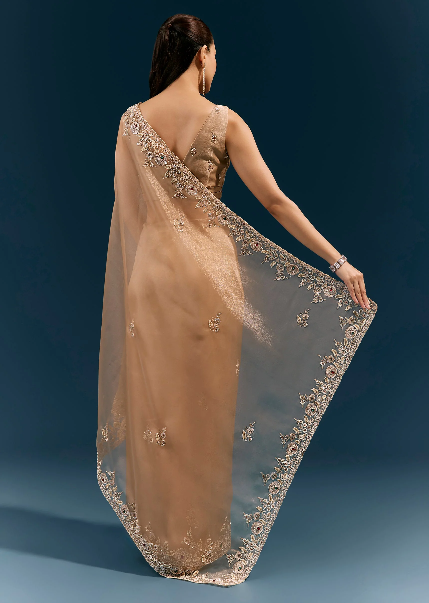 Beige Glossy Tissue Saree With Heavy Floral Embroidered Border And Stone Highlights - Image 4