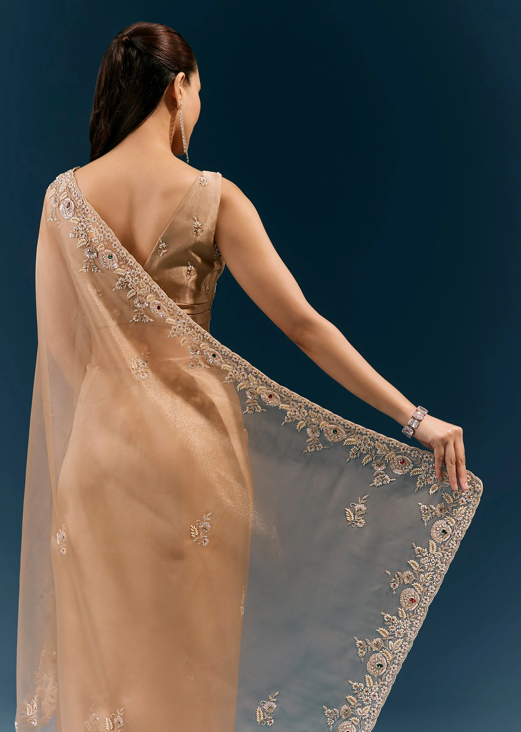 Beige Glossy Tissue Saree With Heavy Floral Embroidered Border And Stone Highlights - Image 6