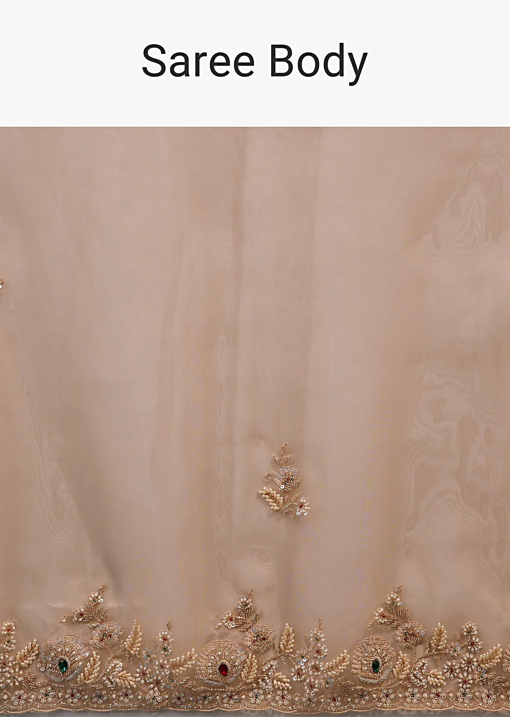 Beige Glossy Tissue Saree With Heavy Floral Embroidered Border And Stone Highlights - Image 9