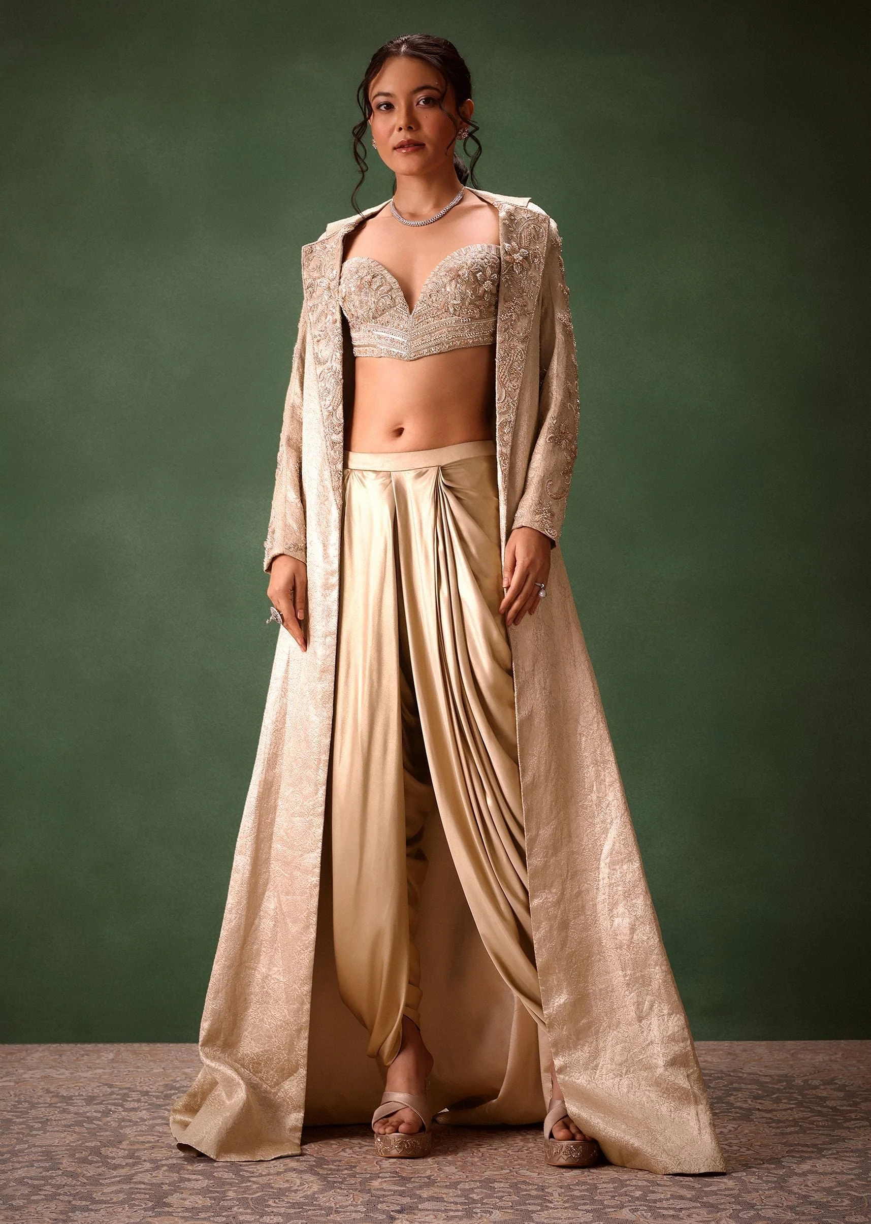 Beige Embroidered Brocade Corset With Long Blazer And Dhoti Pant - Image 2