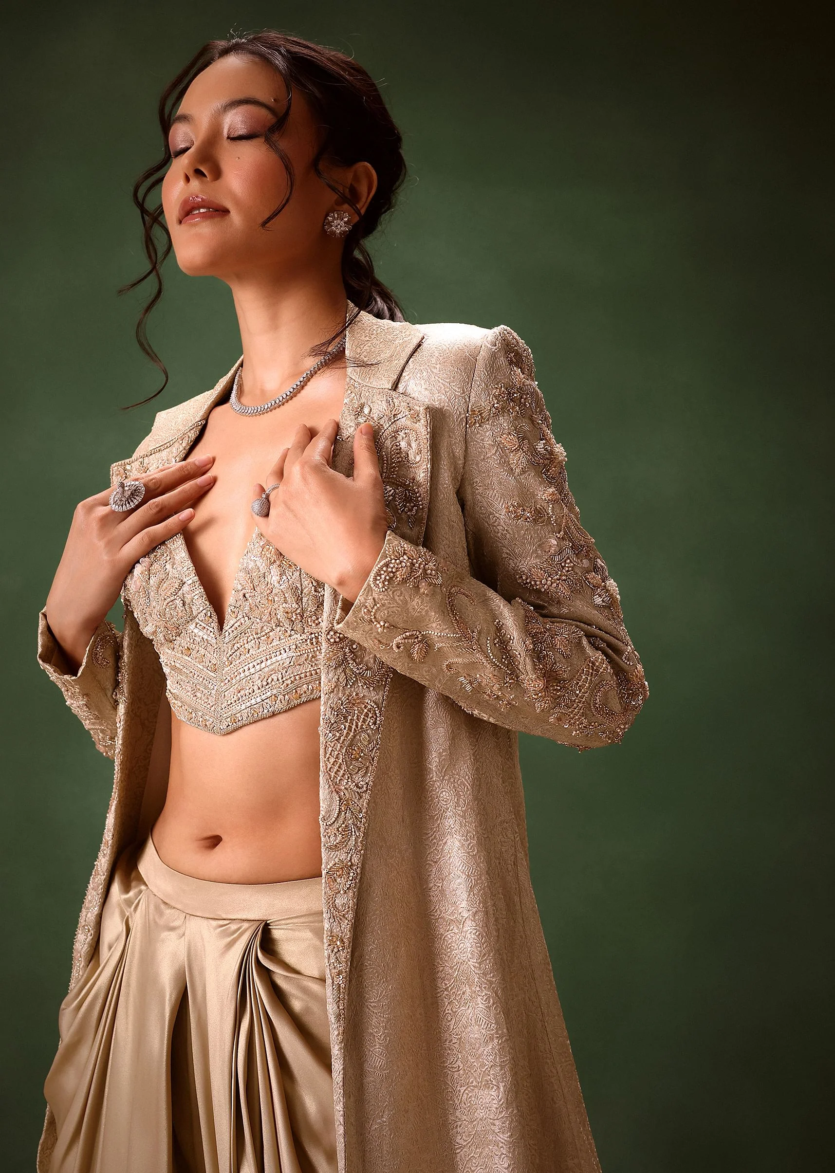 Beige Embroidered Brocade Corset With Long Blazer And Dhoti Pant - Image 3
