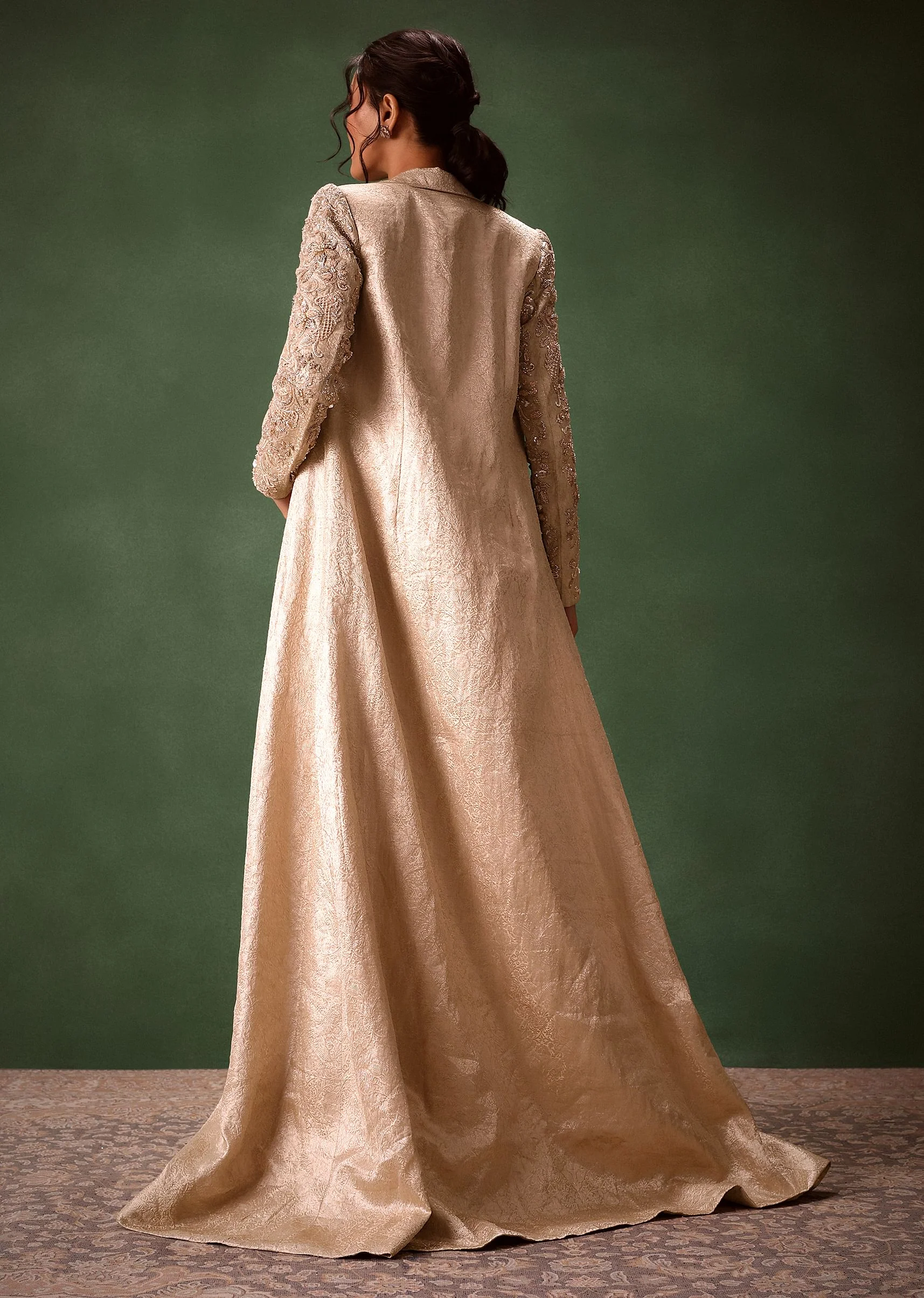 Beige Embroidered Brocade Corset With Long Blazer And Dhoti Pant - Image 6