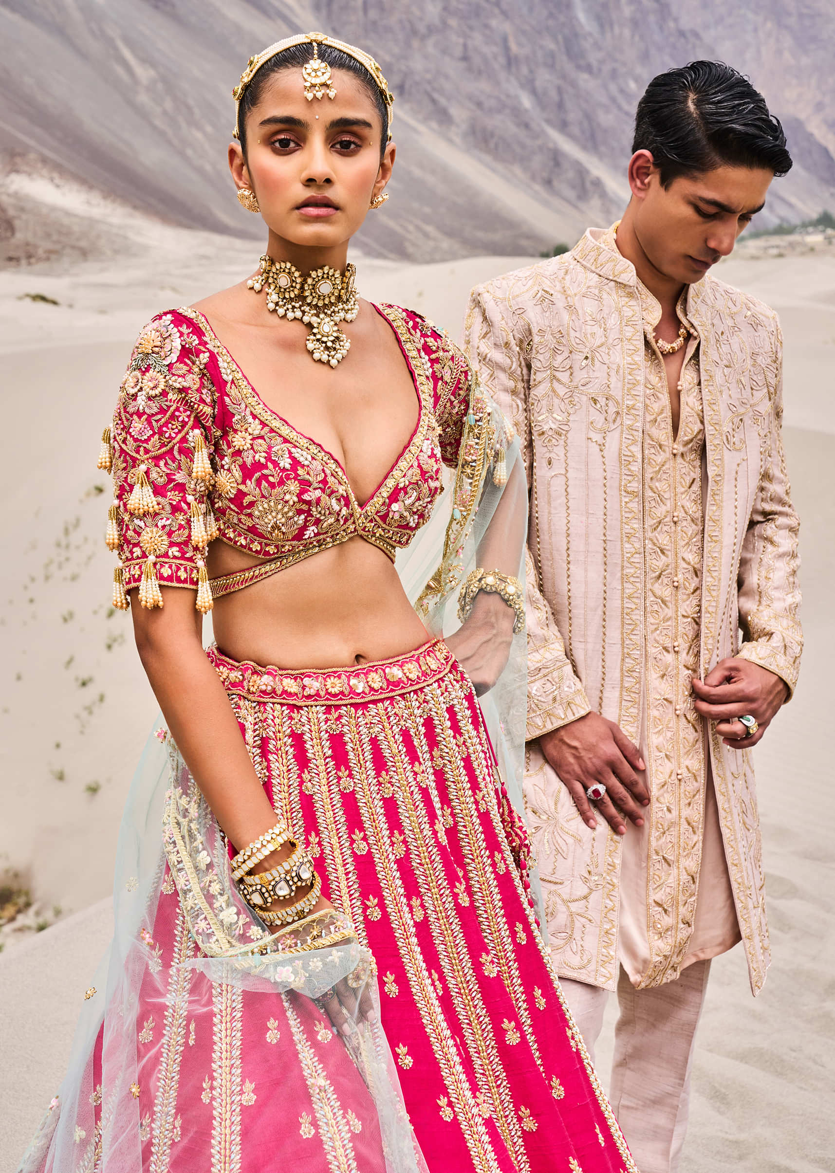 Beige Gold Hand Embroidered Long Sherwani Suit In Zardosi Work - Image 3
