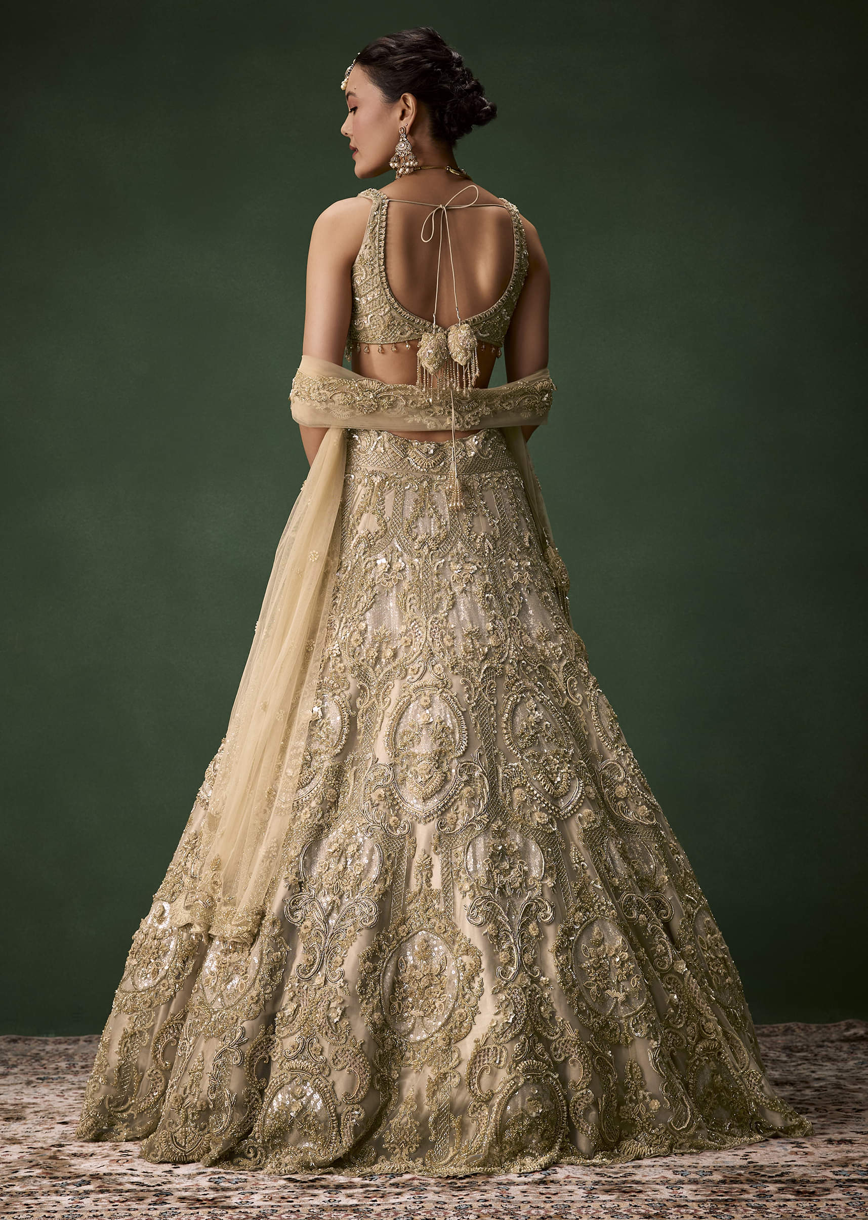 Beige Gold Heavy Work Bridal Lehenga Set with Two Dupattas - Image 2