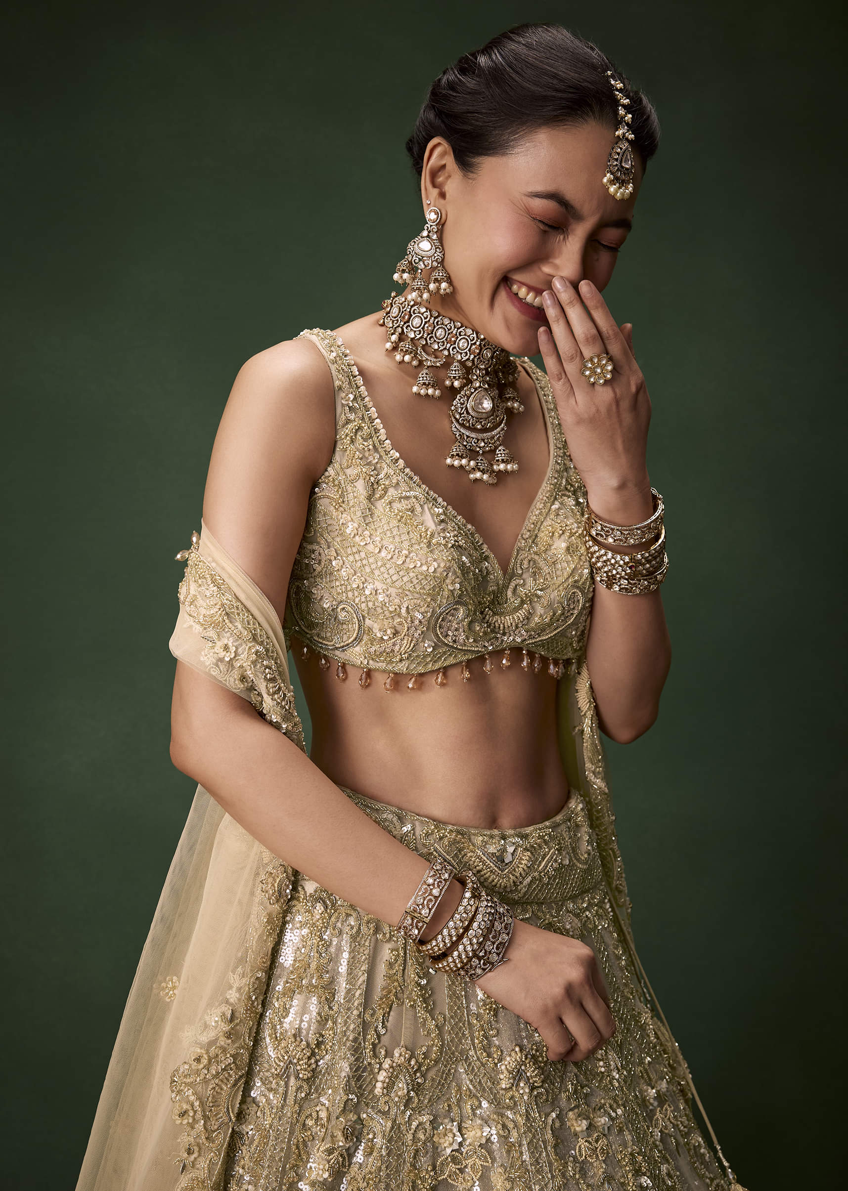 Beige Gold Heavy Work Bridal Lehenga Set with Two Dupattas - Image 3
