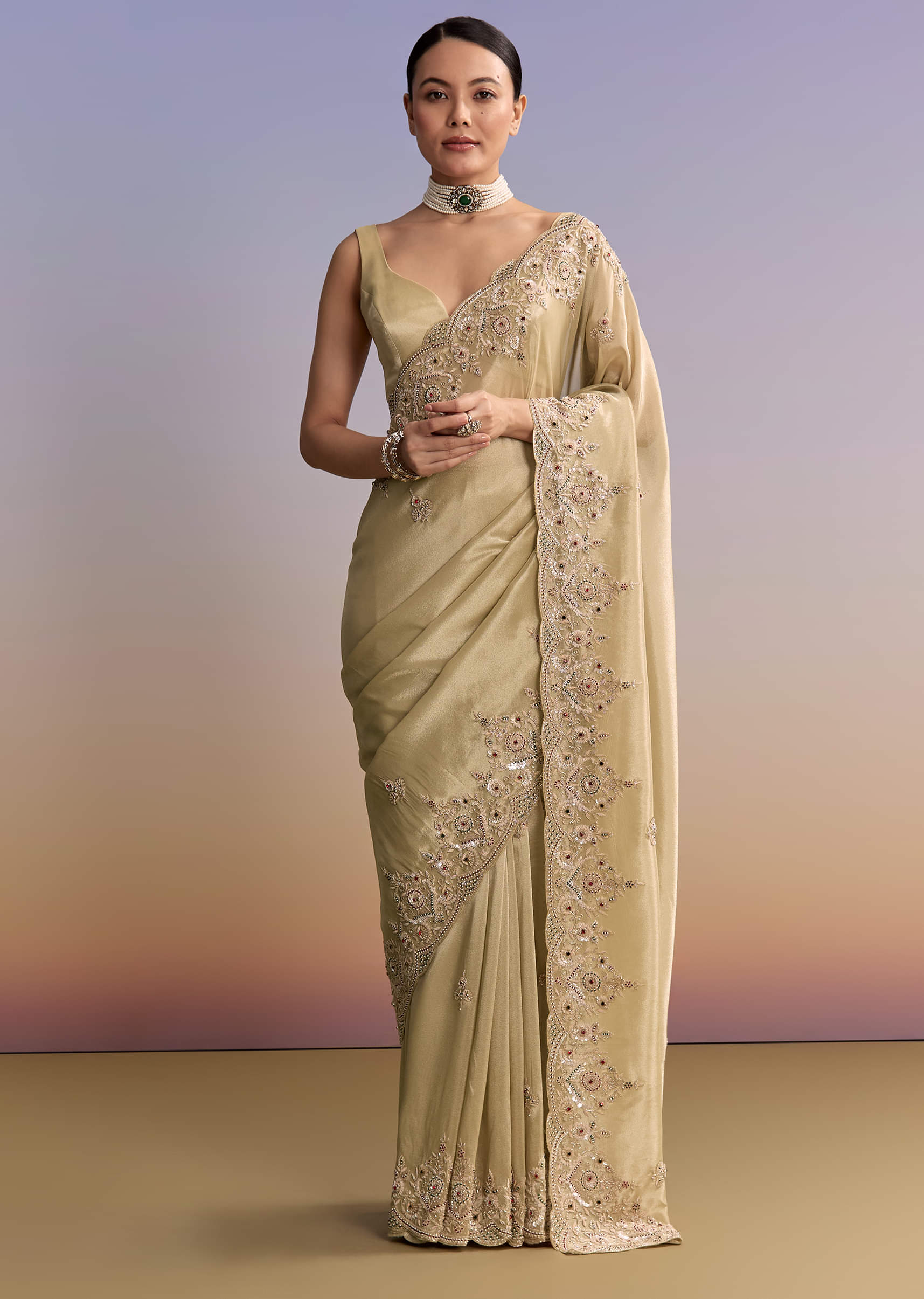 Beige Gold Tissue Embroidered Saree With Zardosi And Stone Work - Image 11