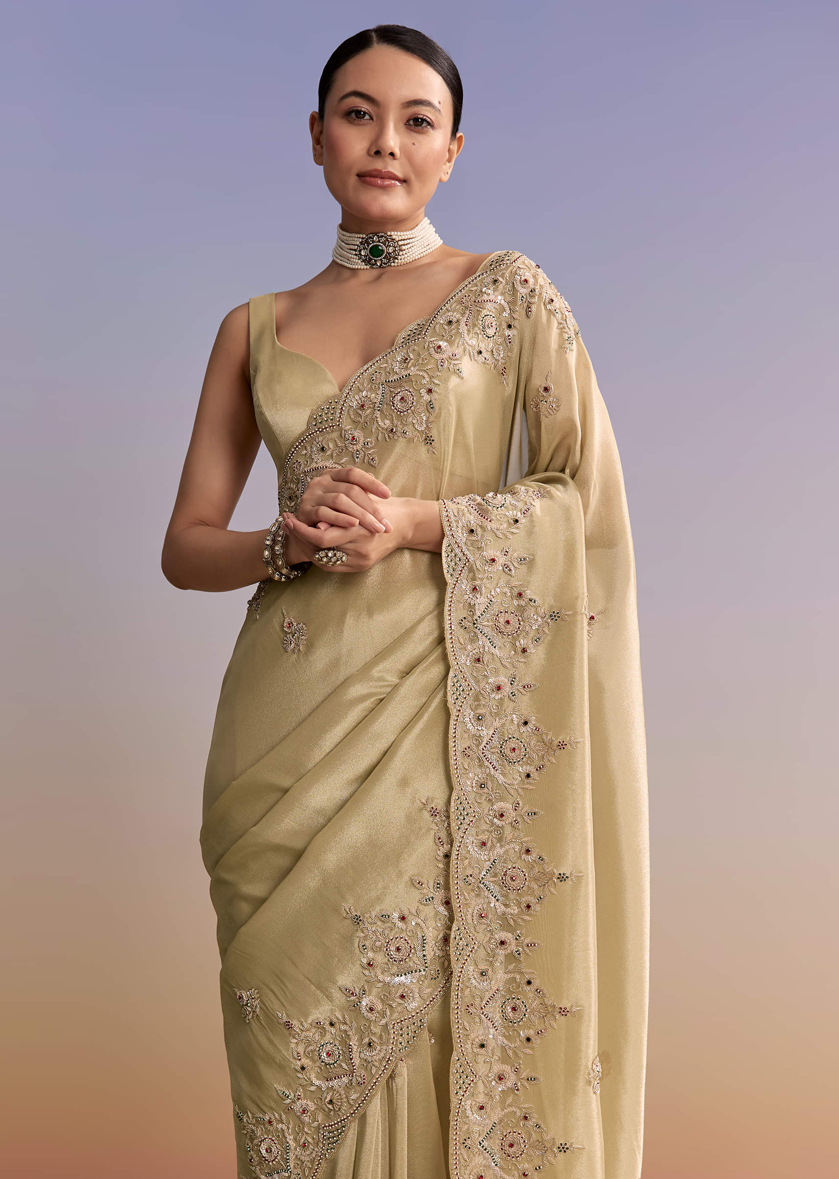 Beige Gold Tissue Embroidered Saree With Zardosi And Stone Work - Image 5
