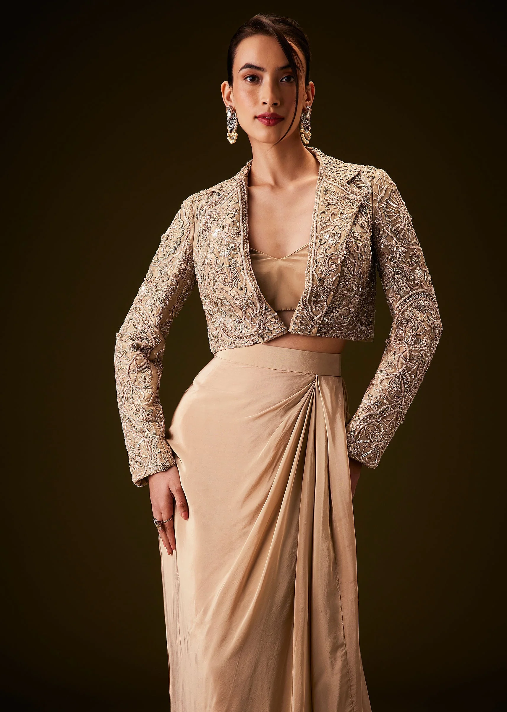 Beige Gold Zardozi Embroidered Jacket With Draped Skirt And Bustier - Image 4