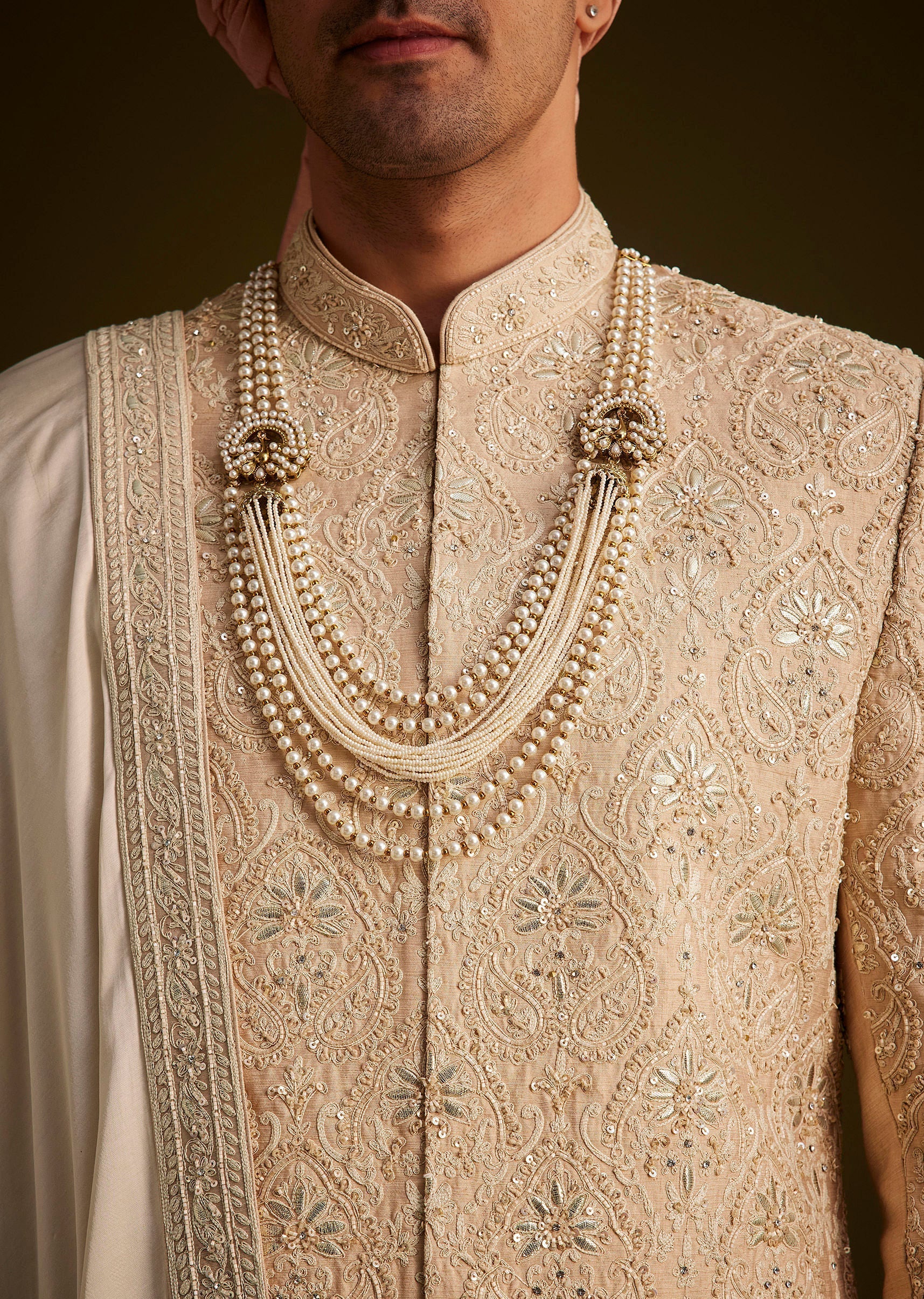 Beige Gotta Work Embroidered Sherwani And Matching Dupatta - Image 2