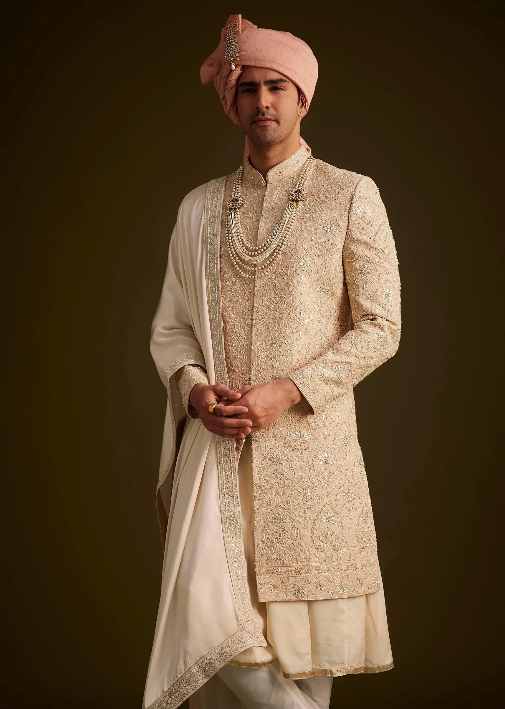 Beige Gotta Work Embroidered Sherwani And Matching Dupatta - Image 4
