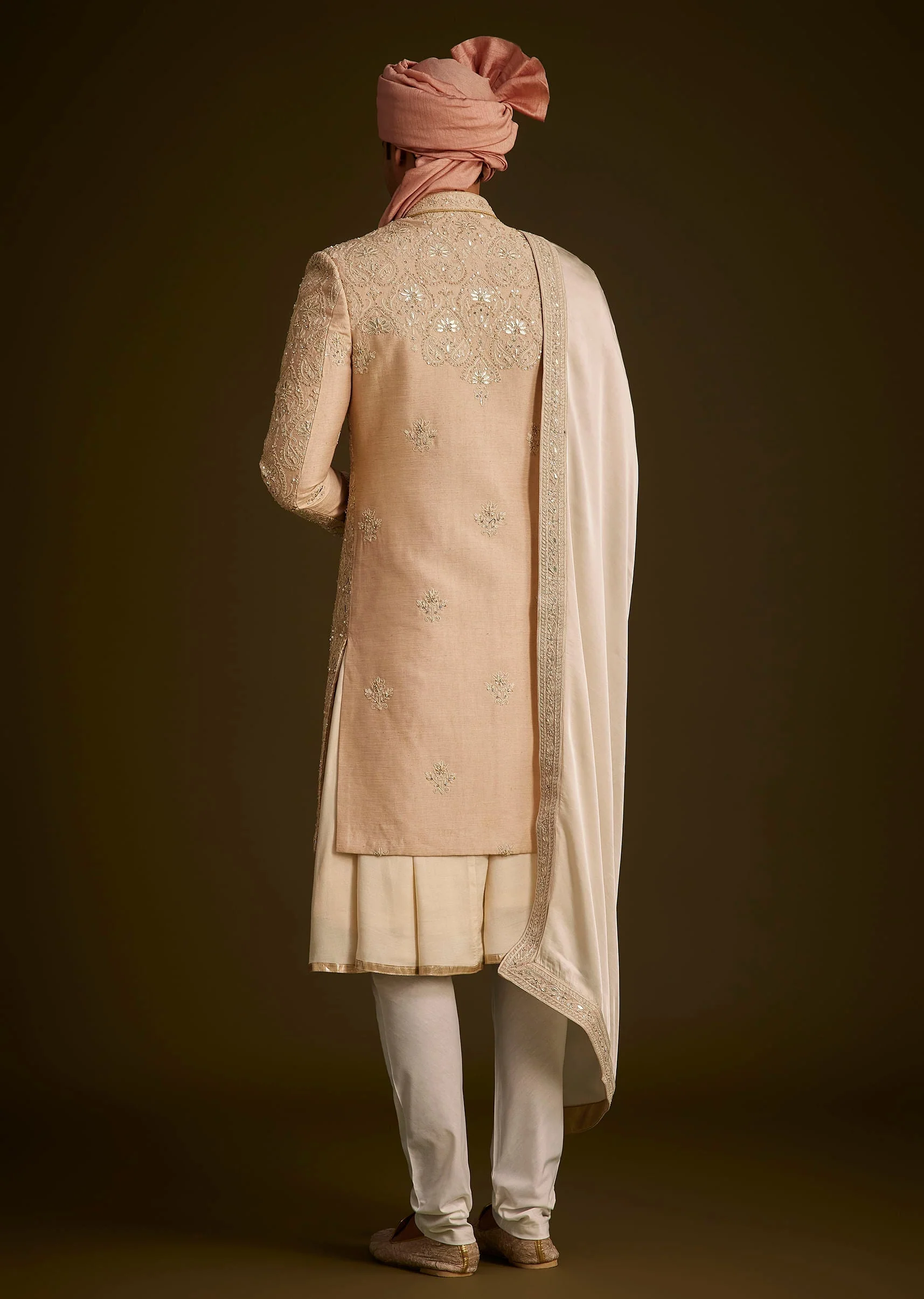Beige Gotta Work Embroidered Sherwani And Matching Dupatta - Image 5