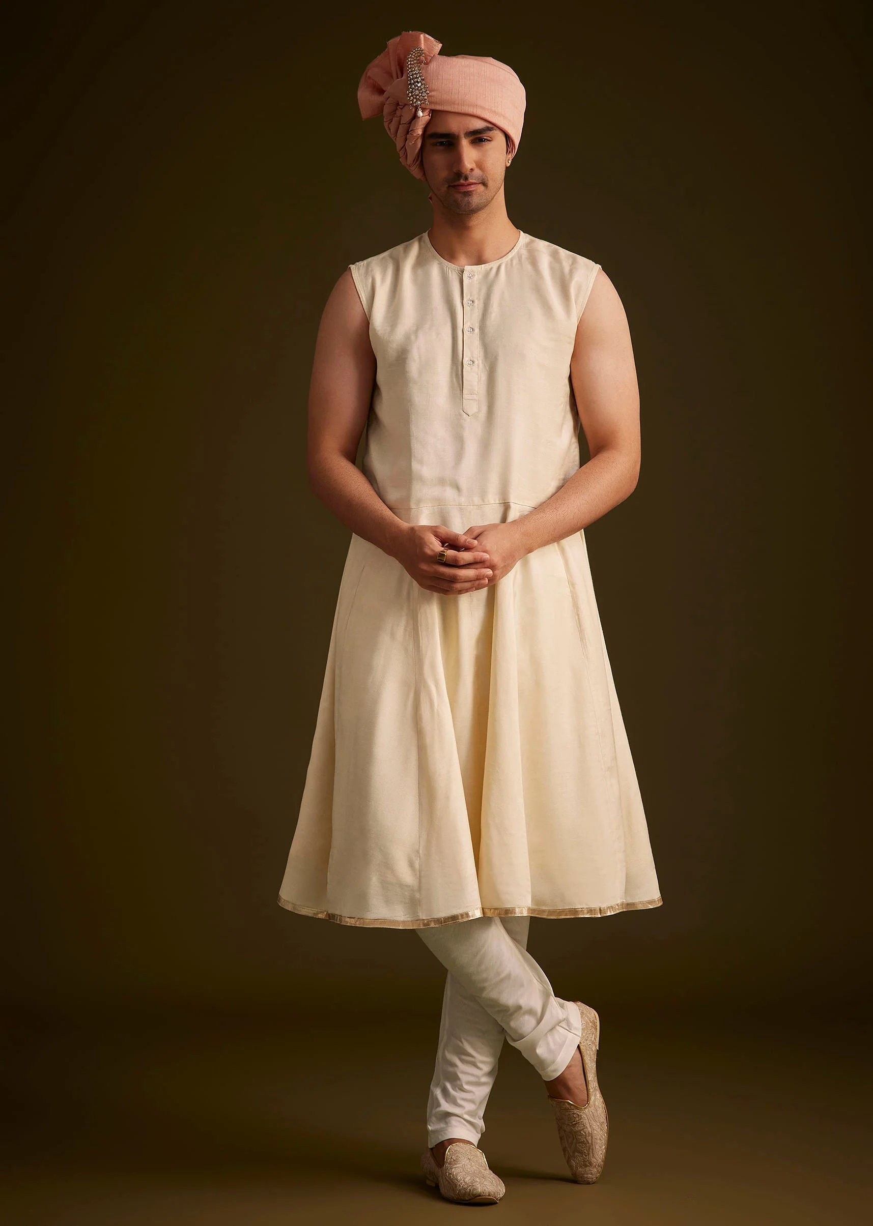 Beige Gotta Work Embroidered Sherwani And Matching Dupatta - Image 6