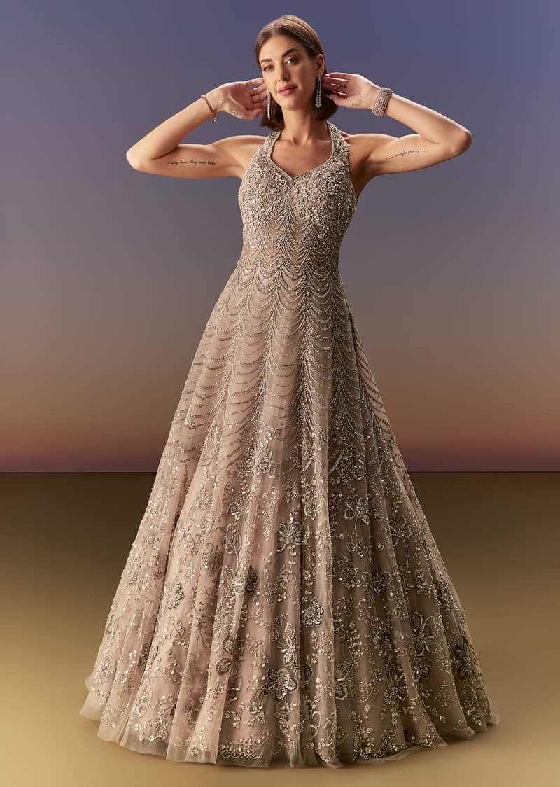 Beige Gown With All Over Sequin Bead And Cut Dana Embroidery - Image 4