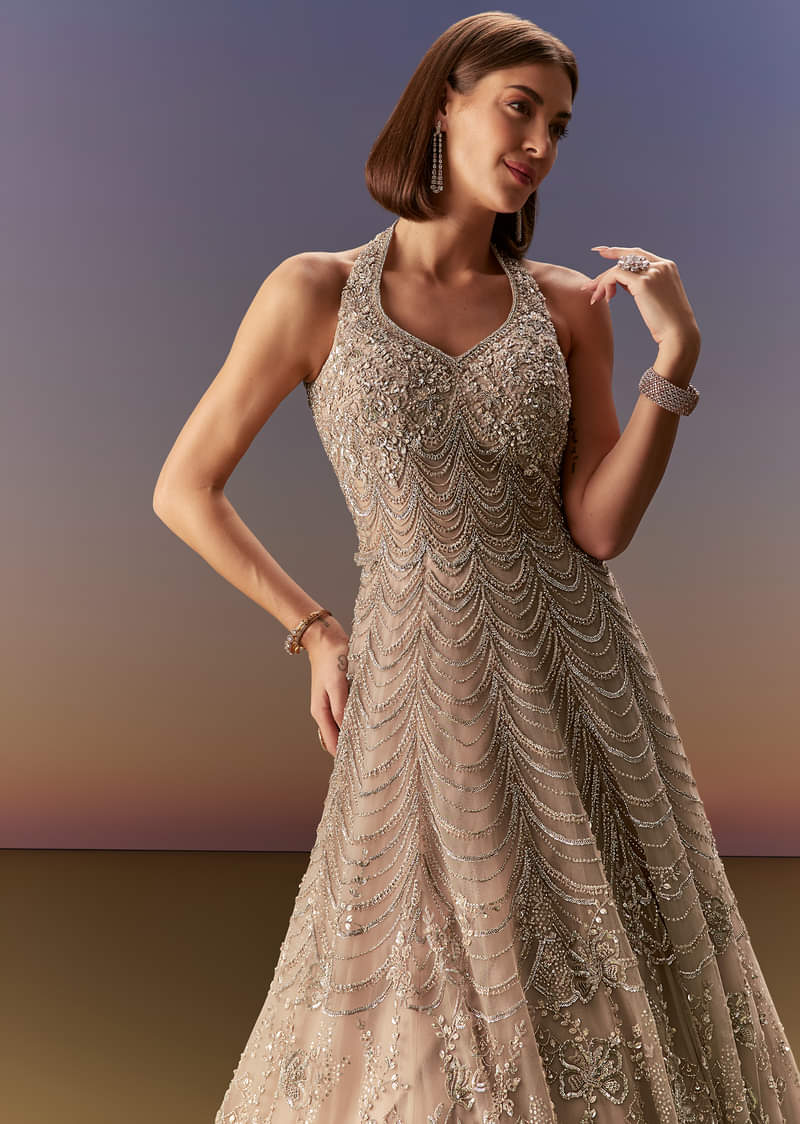 Beige Gown With All Over Sequin Bead And Cut Dana Embroidery - Image 5
