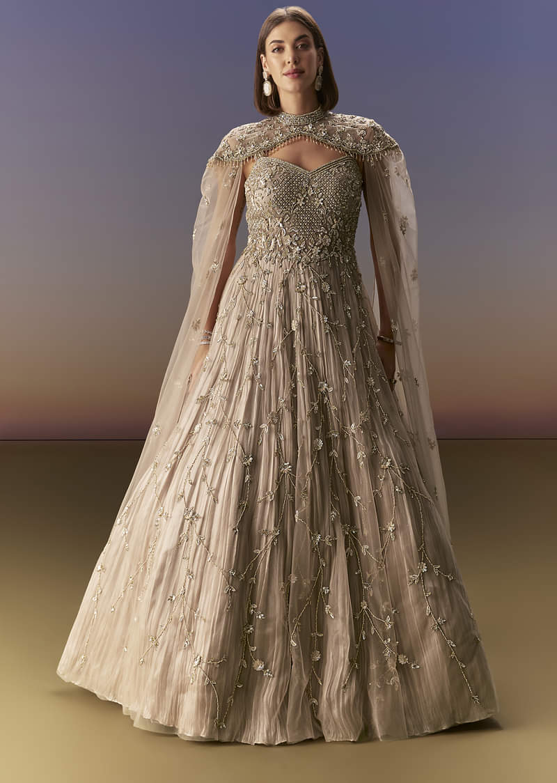 Beige Gown With Shoulder Cape And Rich Vertical Embroidery - Image 4