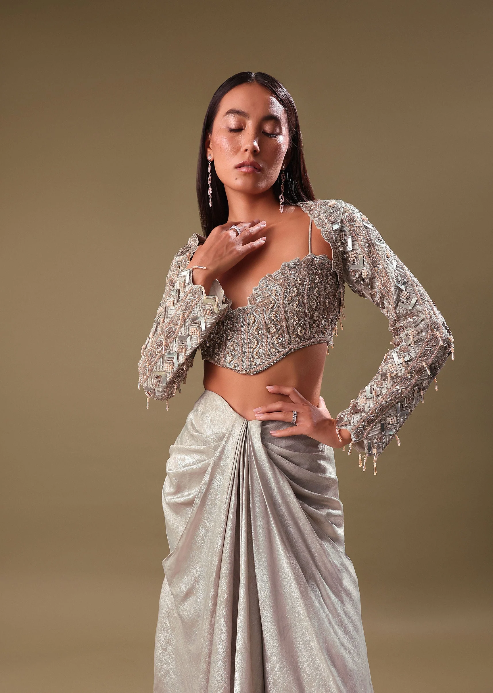 Beige Hand Embroidered Blouse And Drape Skirt With Cape - Image 2