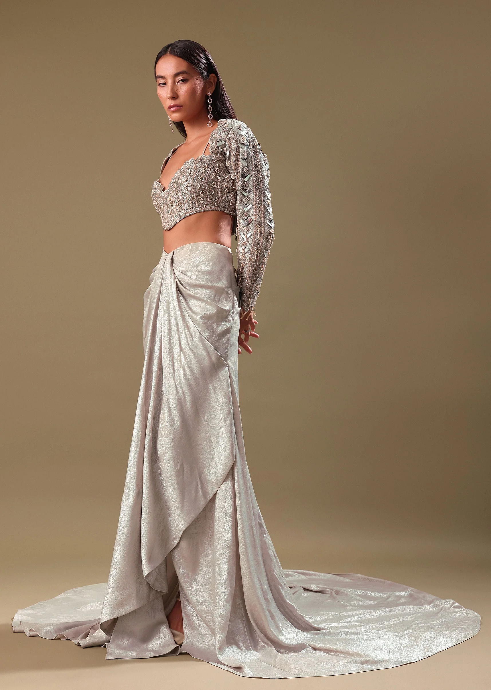 Beige Hand Embroidered Blouse And Drape Skirt With Cape - Image 3