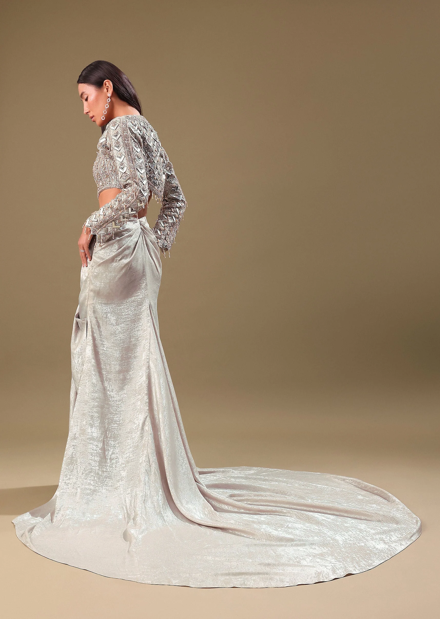 Beige Hand Embroidered Blouse And Drape Skirt With Cape - Image 5
