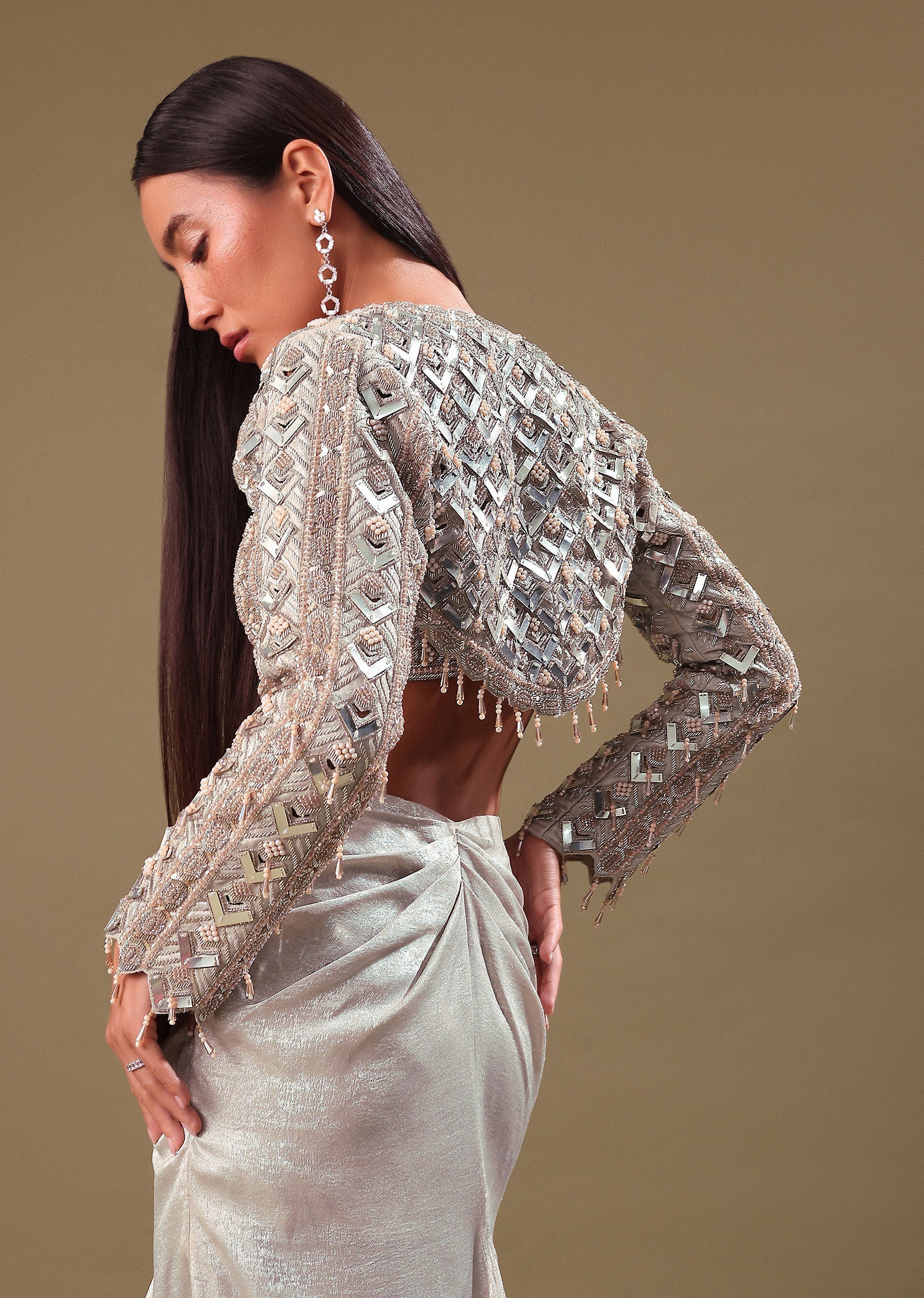 Beige Hand Embroidered Blouse And Drape Skirt With Cape - Image 6