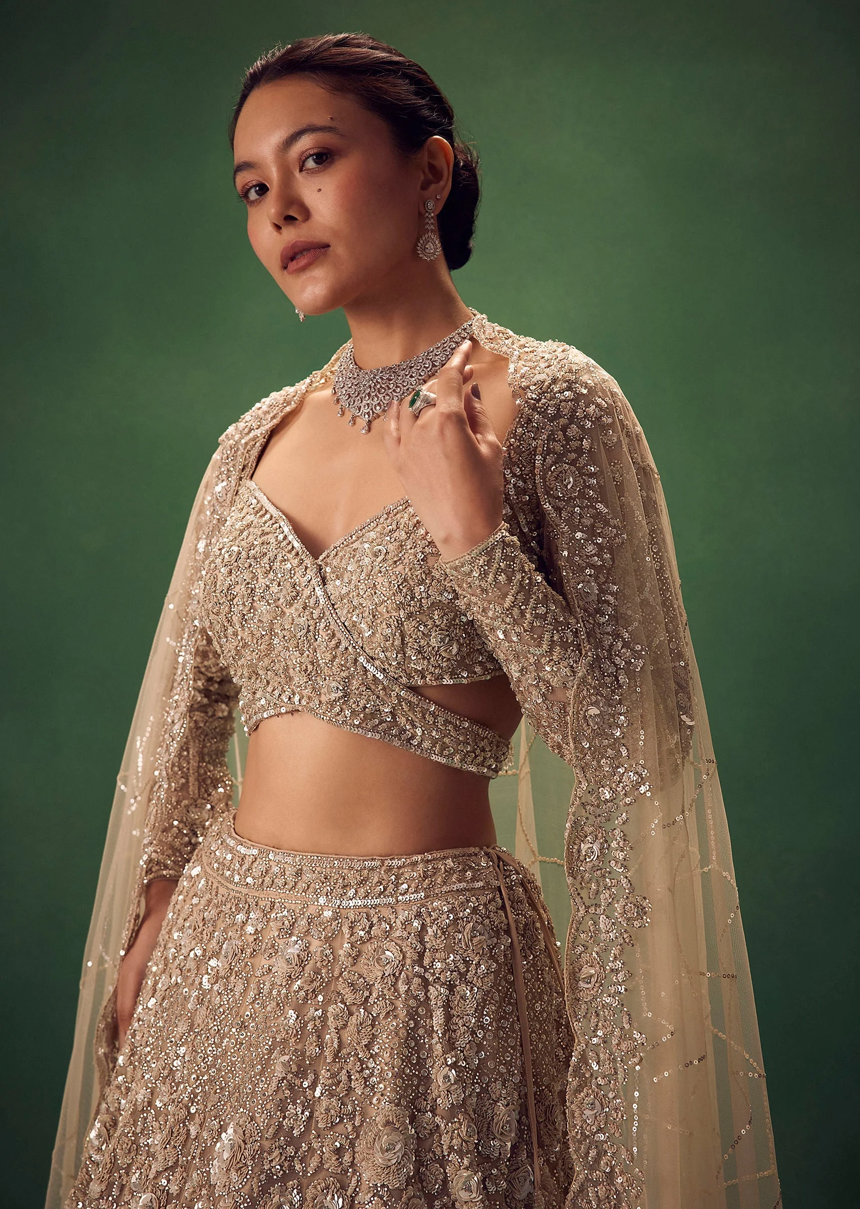 Beige Hand Embroidered Sequin Work Lehenga Set - Image 3
