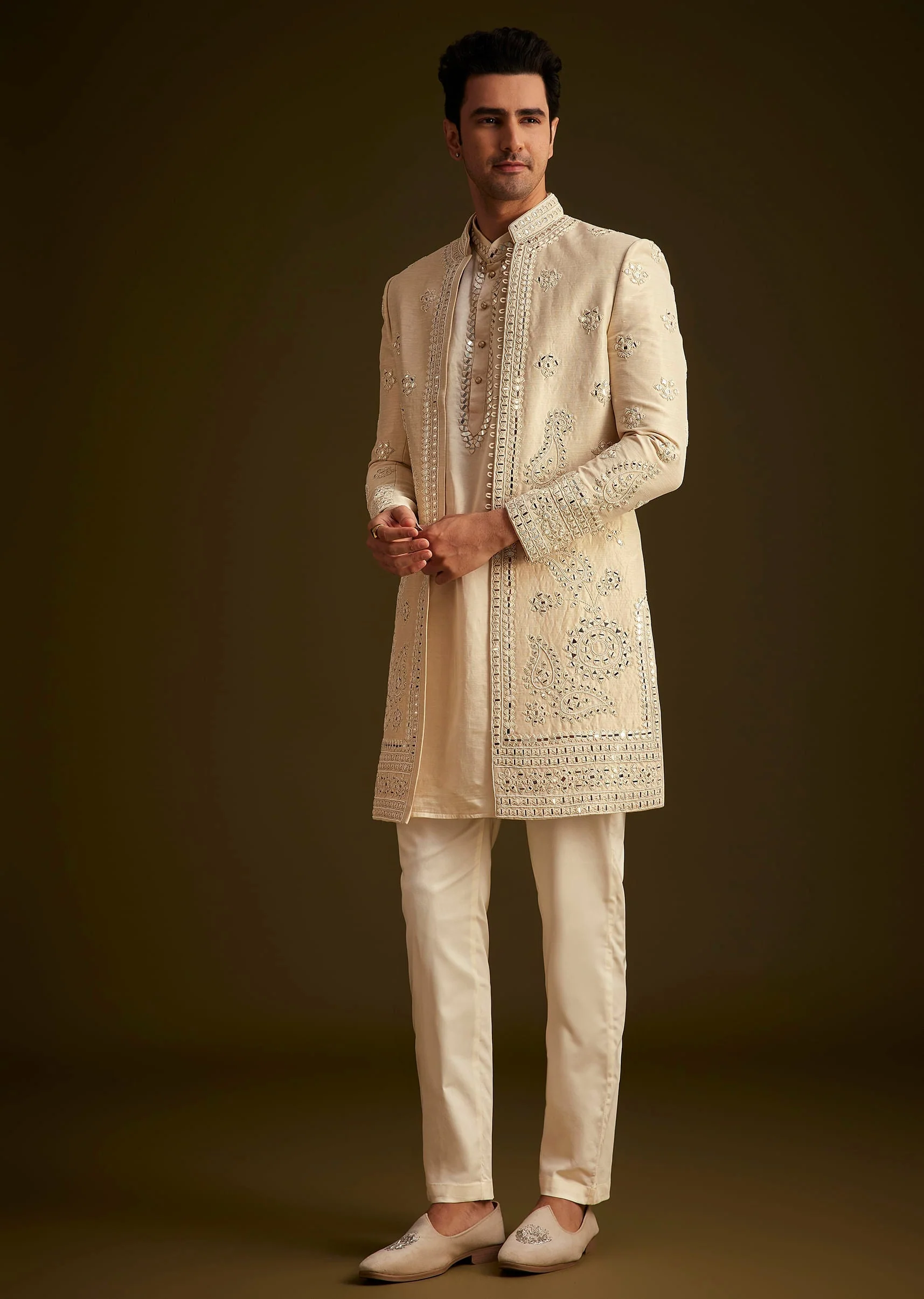 Beige Hand Embroidered Sherwani Set - Image 3