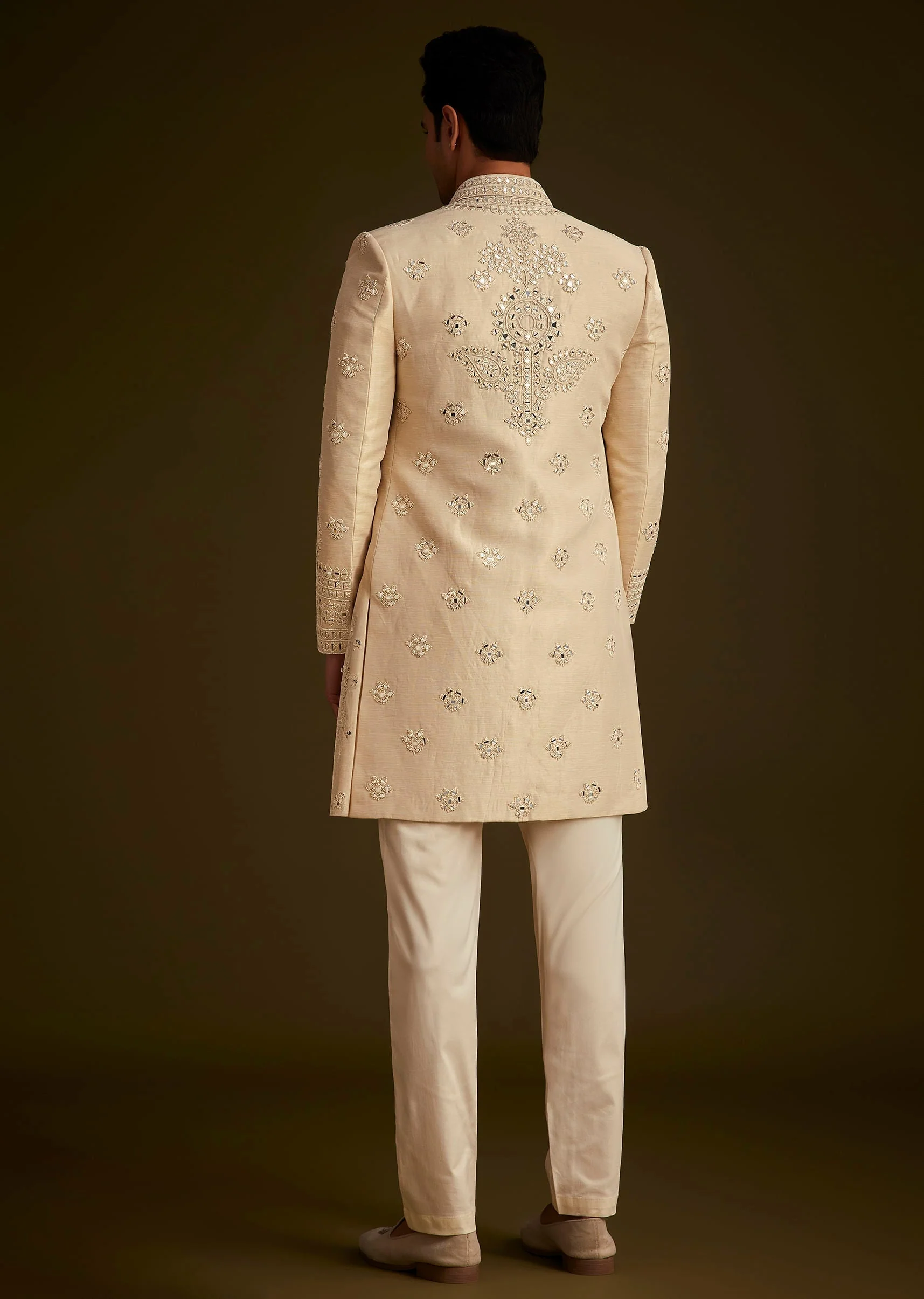 Beige Hand Embroidered Sherwani Set - Image 5