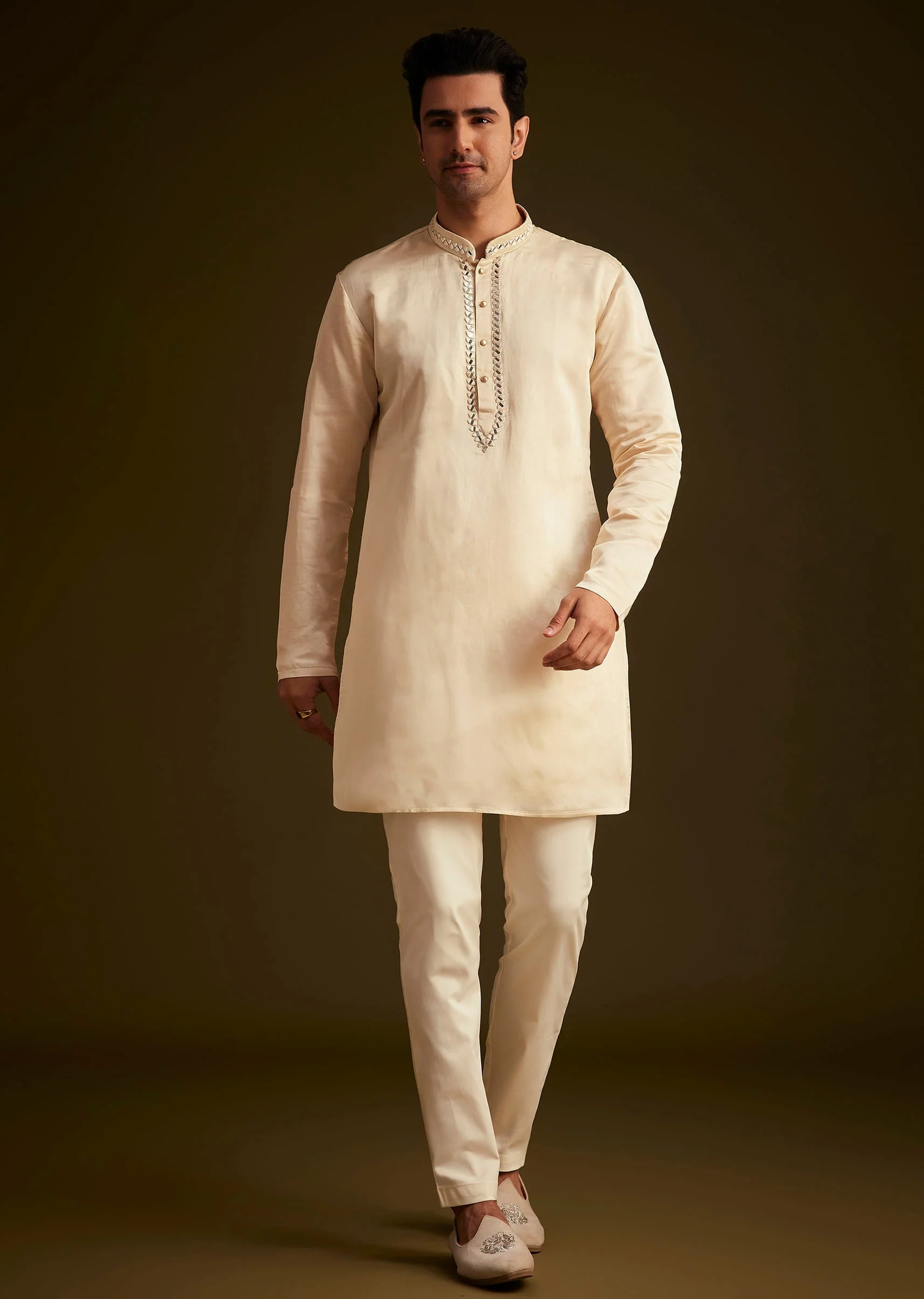 Beige Hand Embroidered Sherwani Set - Image 6