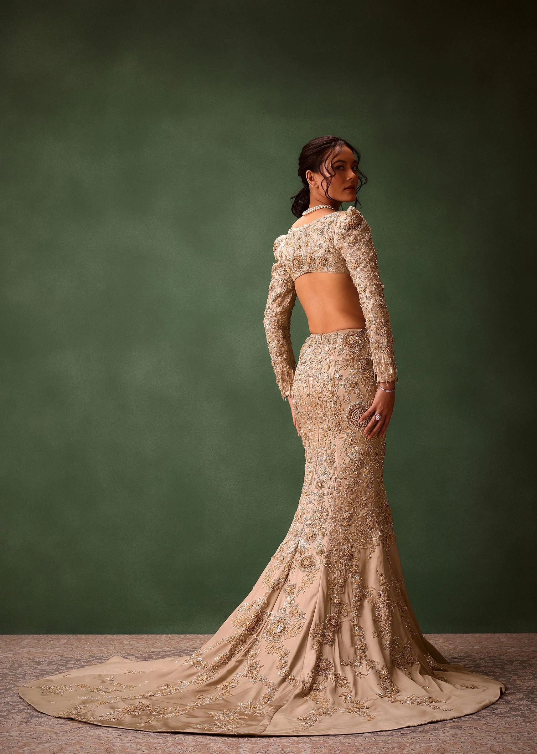 Beige Heavy Embroidered Skirt Suit With Full Sleeves V Neck Blouse - Image 2