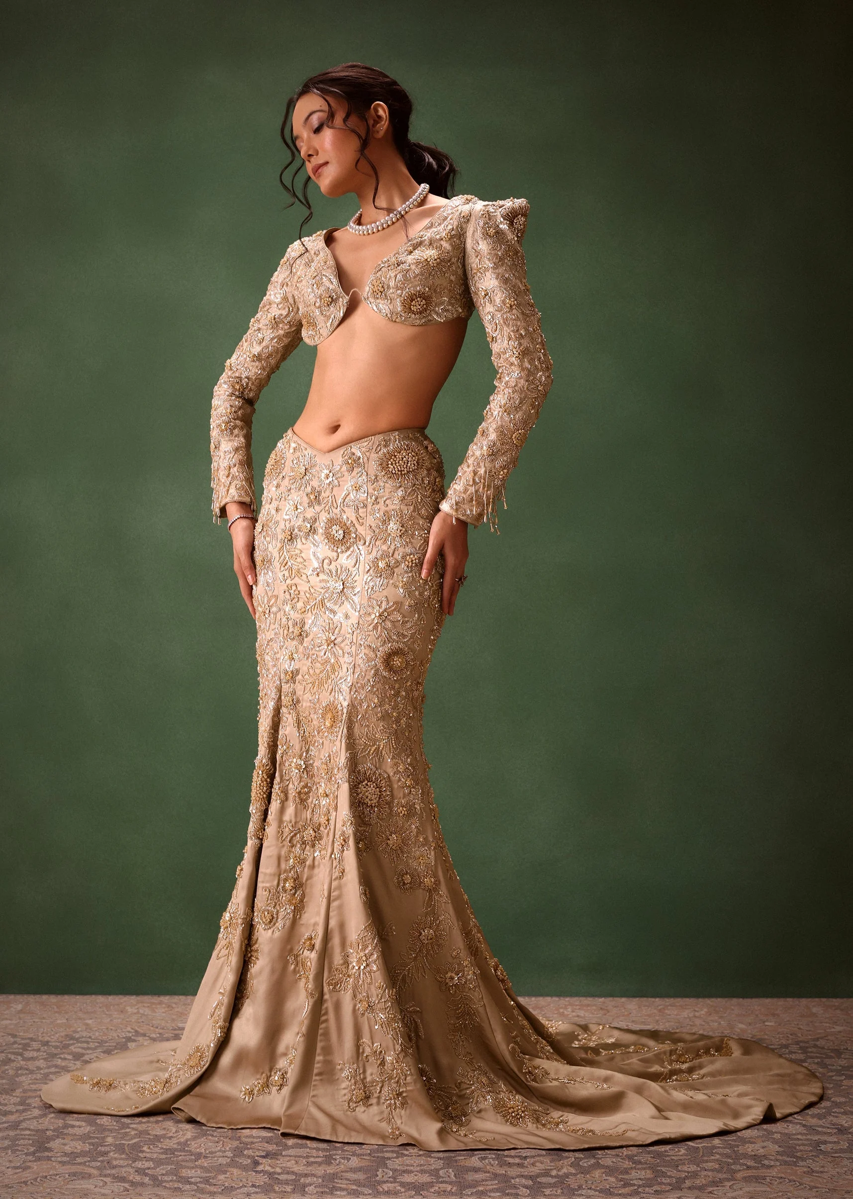 Beige Heavy Embroidered Skirt Suit With Full Sleeves V Neck Blouse - Image 3