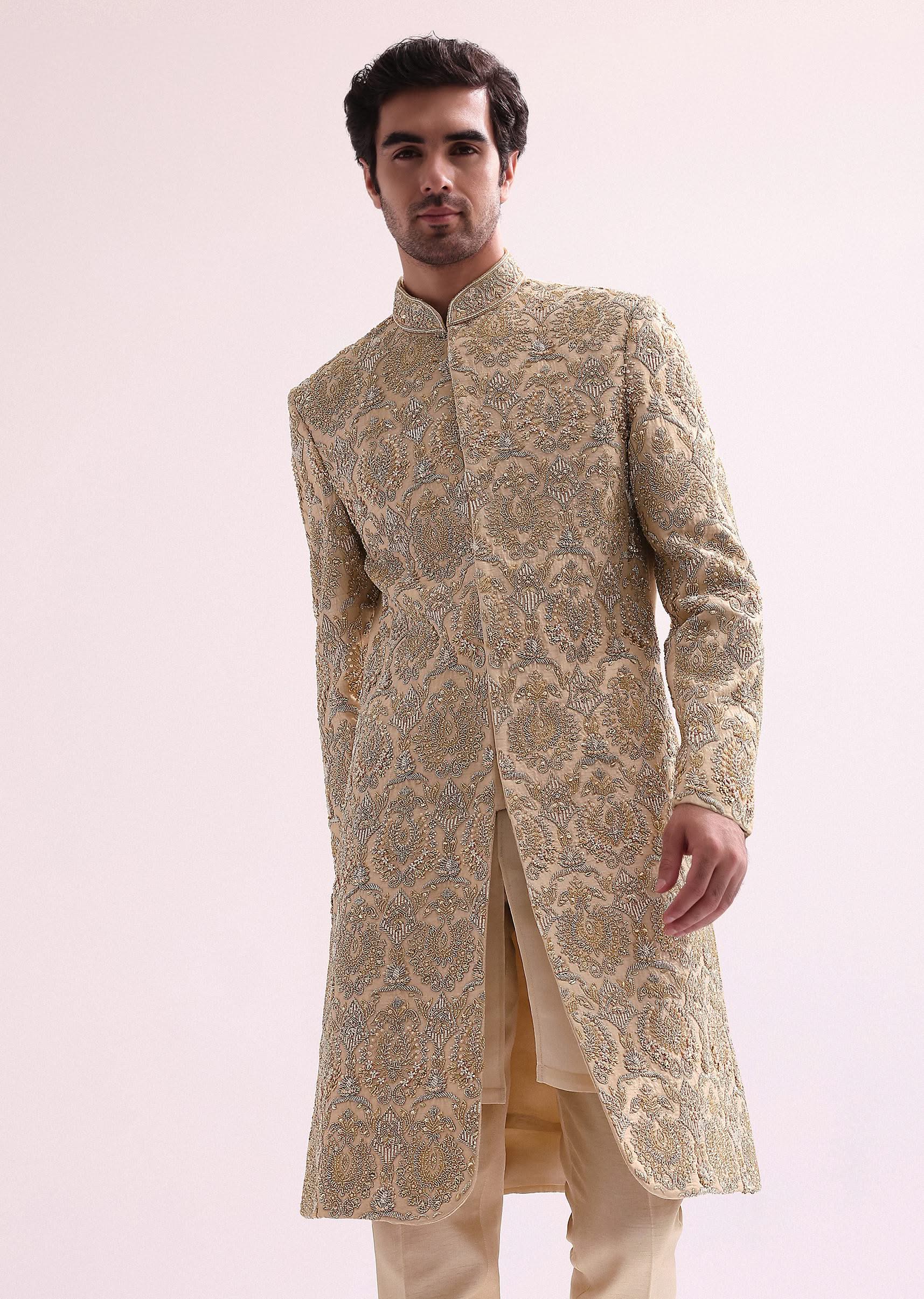 Beige High Collar Silk Sherwani And Kurta Set - Image 4