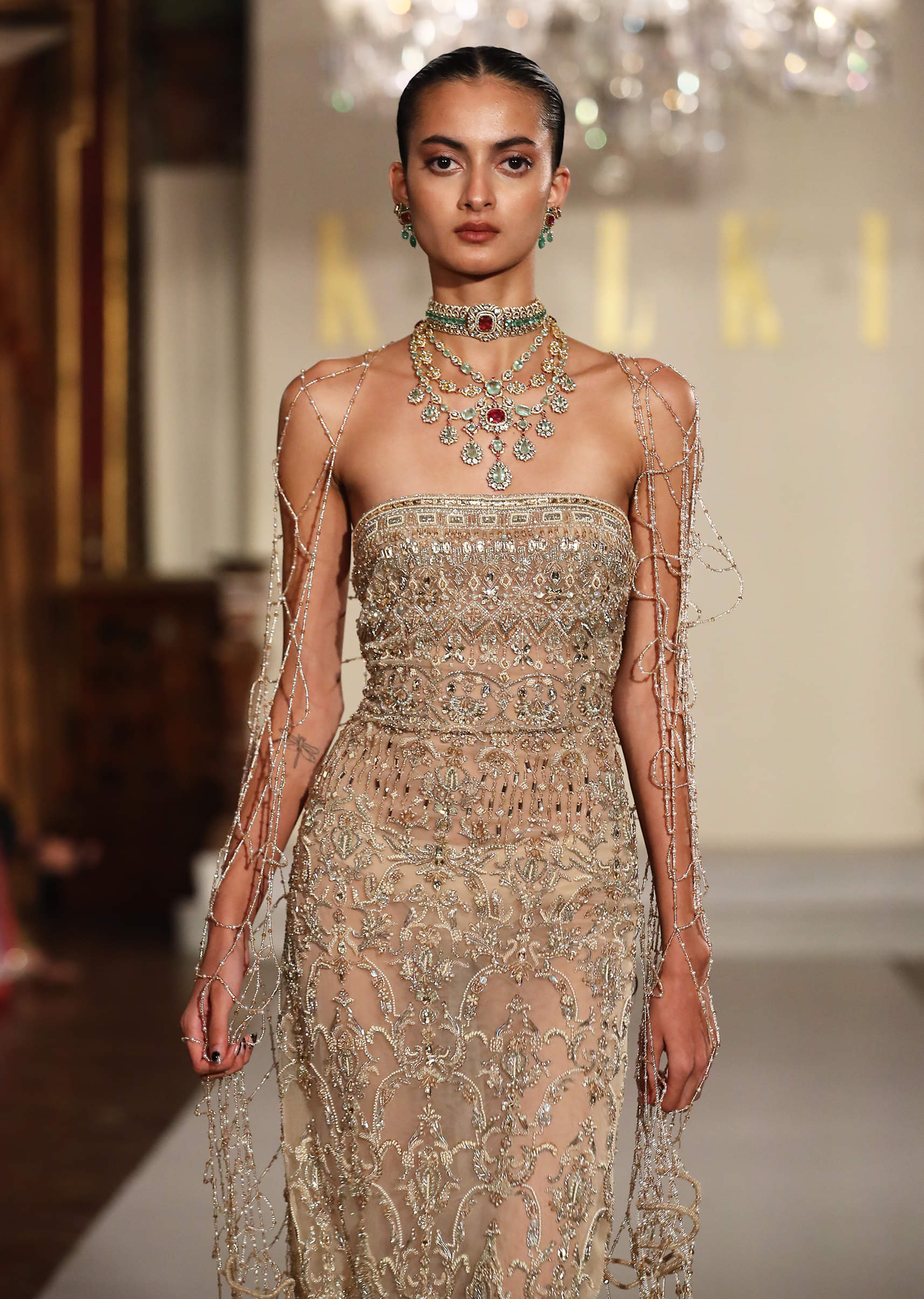 Beige Ivory Net Tube Ankle Length Gown With Shimmer Accents - Image 2
