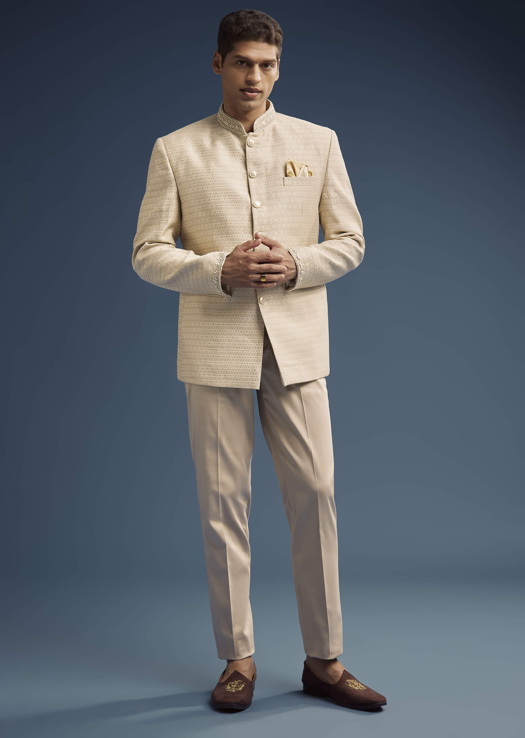 Beige Jacquard Jodhpuri Suit For Men With Hand Embroidery - Image 2