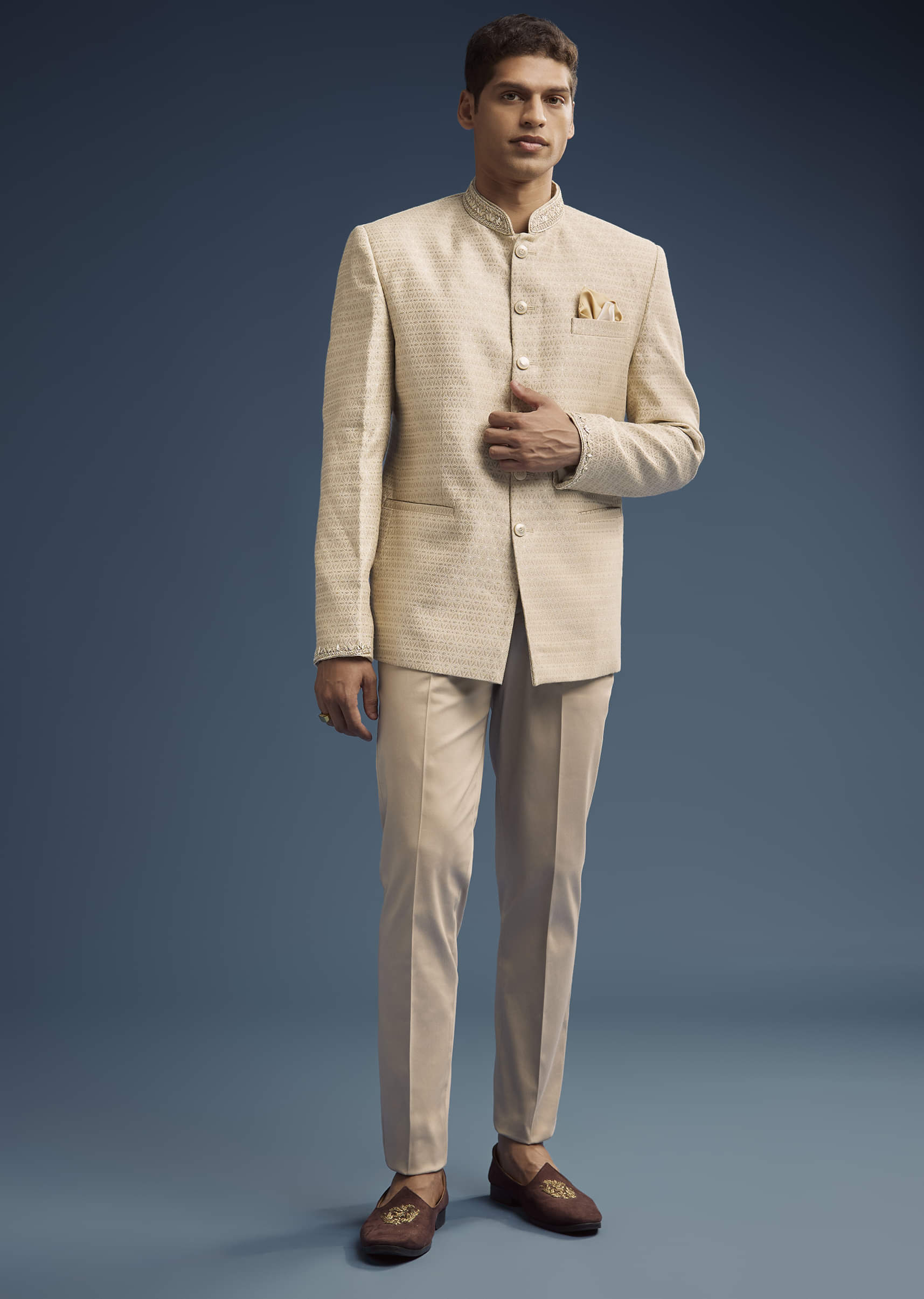 Beige Jacquard Jodhpuri Suit For Men With Hand Embroidery - Image 4