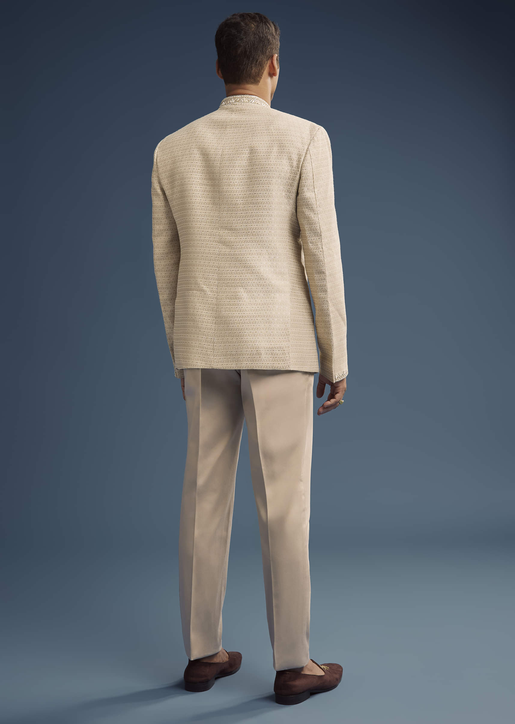 Beige Jacquard Jodhpuri Suit For Men With Hand Embroidery - Image 5