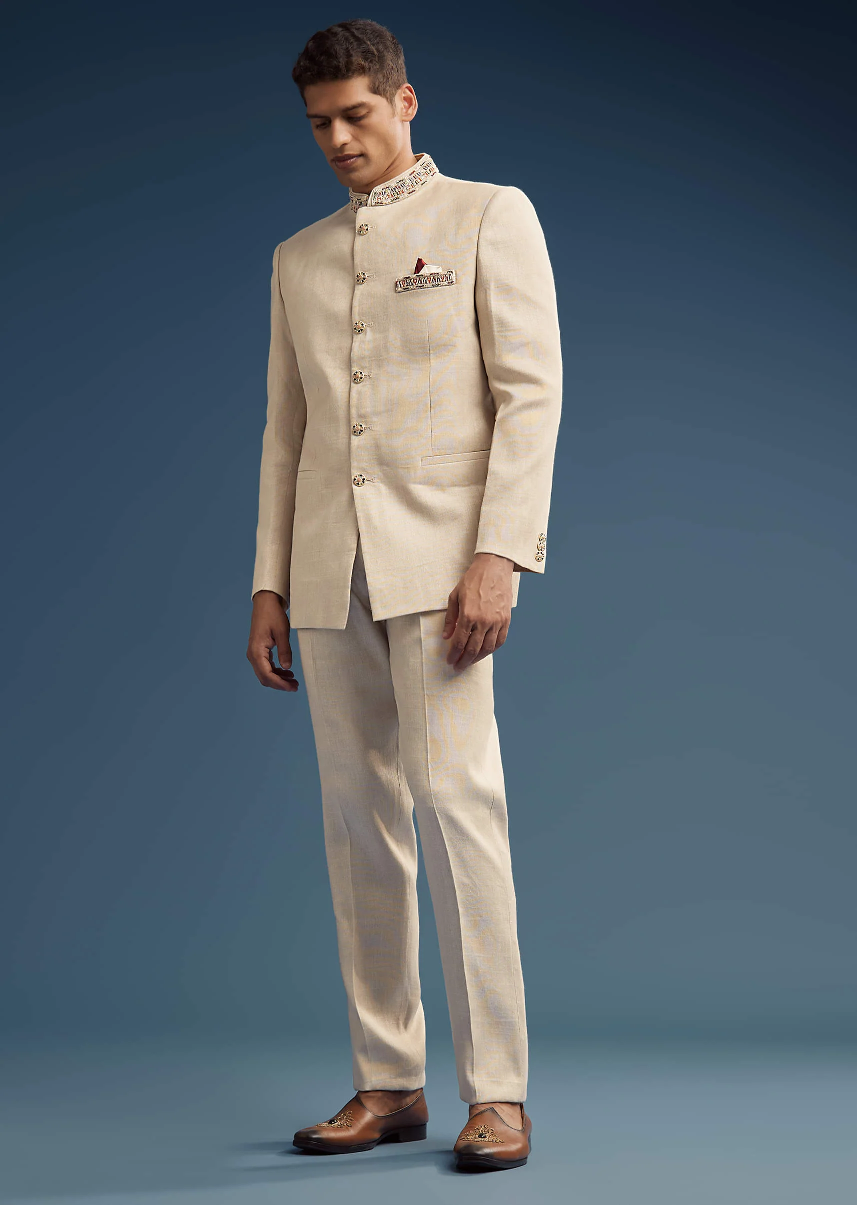 Beige Jacquard Jodhpuri Suit For Men With Pashmina Dupatta - Image 4