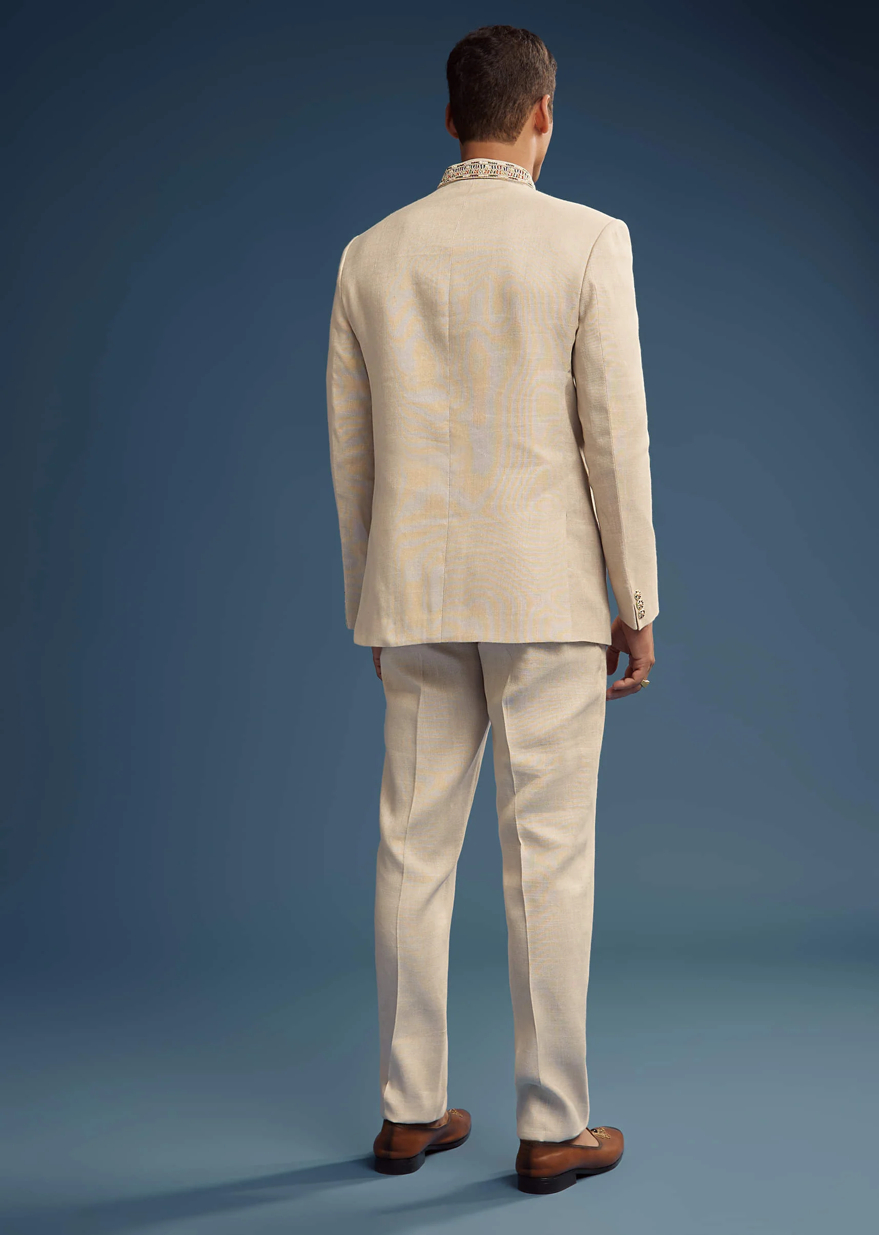 Beige Jacquard Jodhpuri Suit For Men With Pashmina Dupatta - Image 5