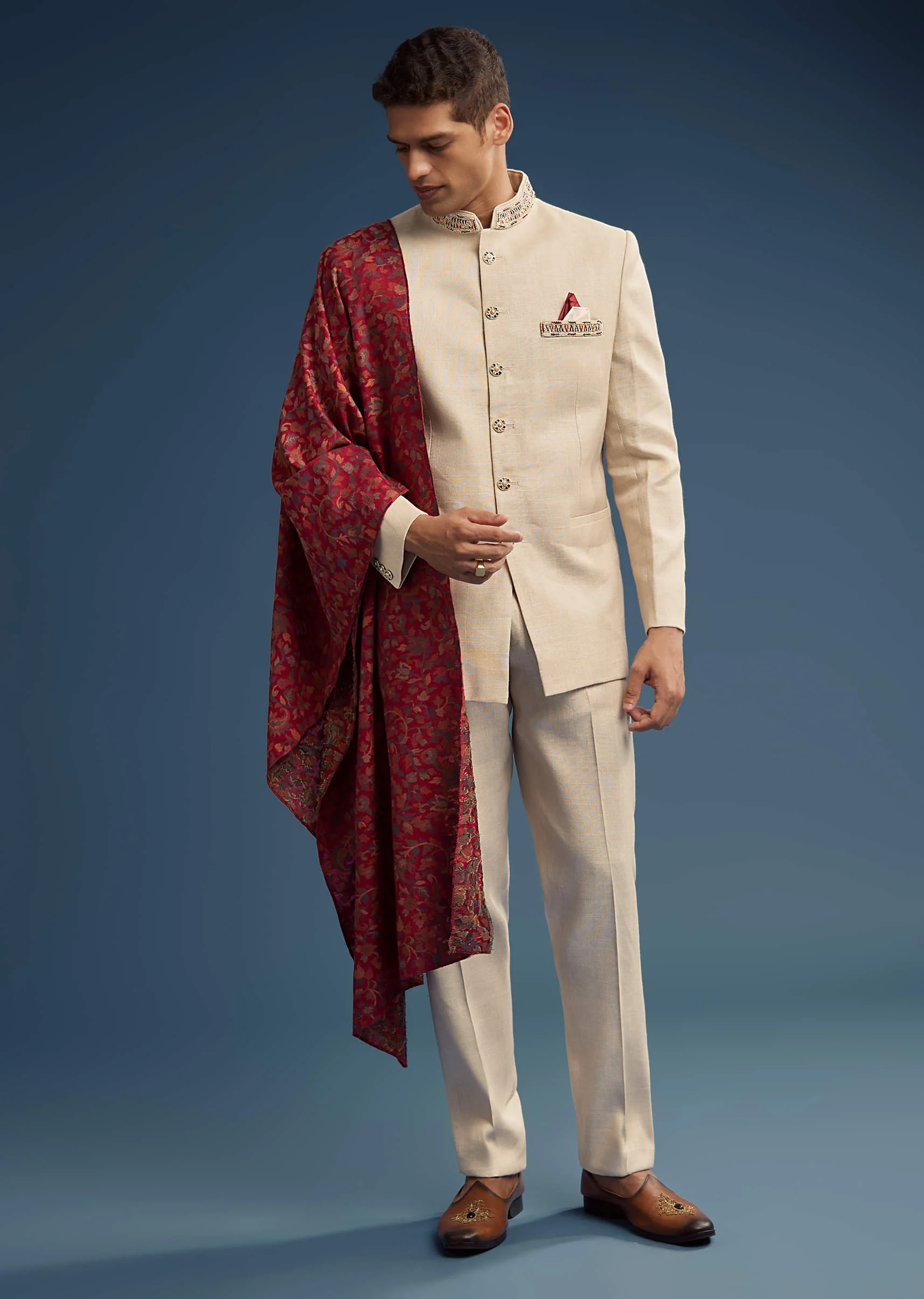 Beige Jacquard Jodhpuri Suit For Men With Pashmina Dupatta - Image 7