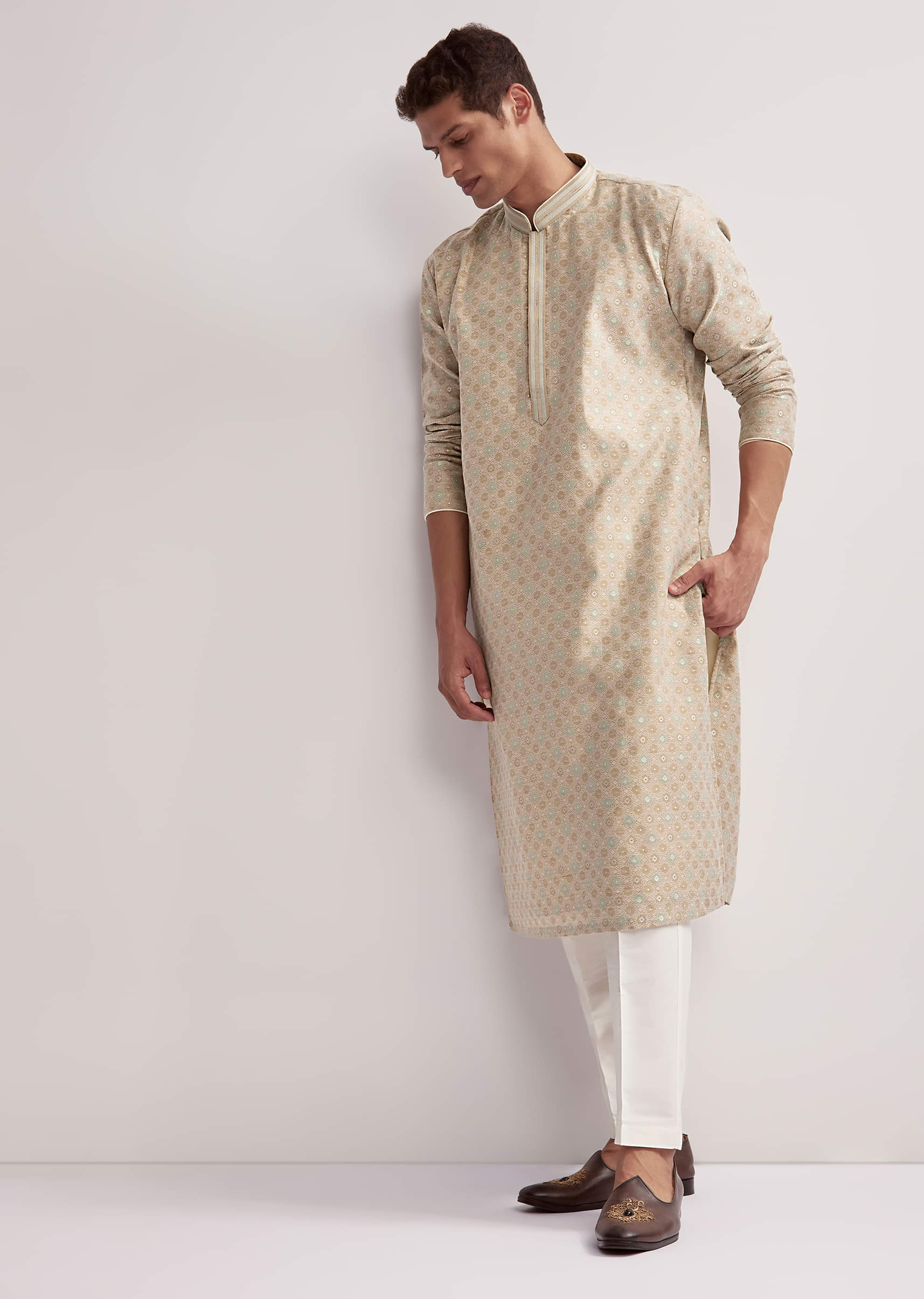 Beige Jacquard Kurta Set For Men With Subtle Weave - Image 2