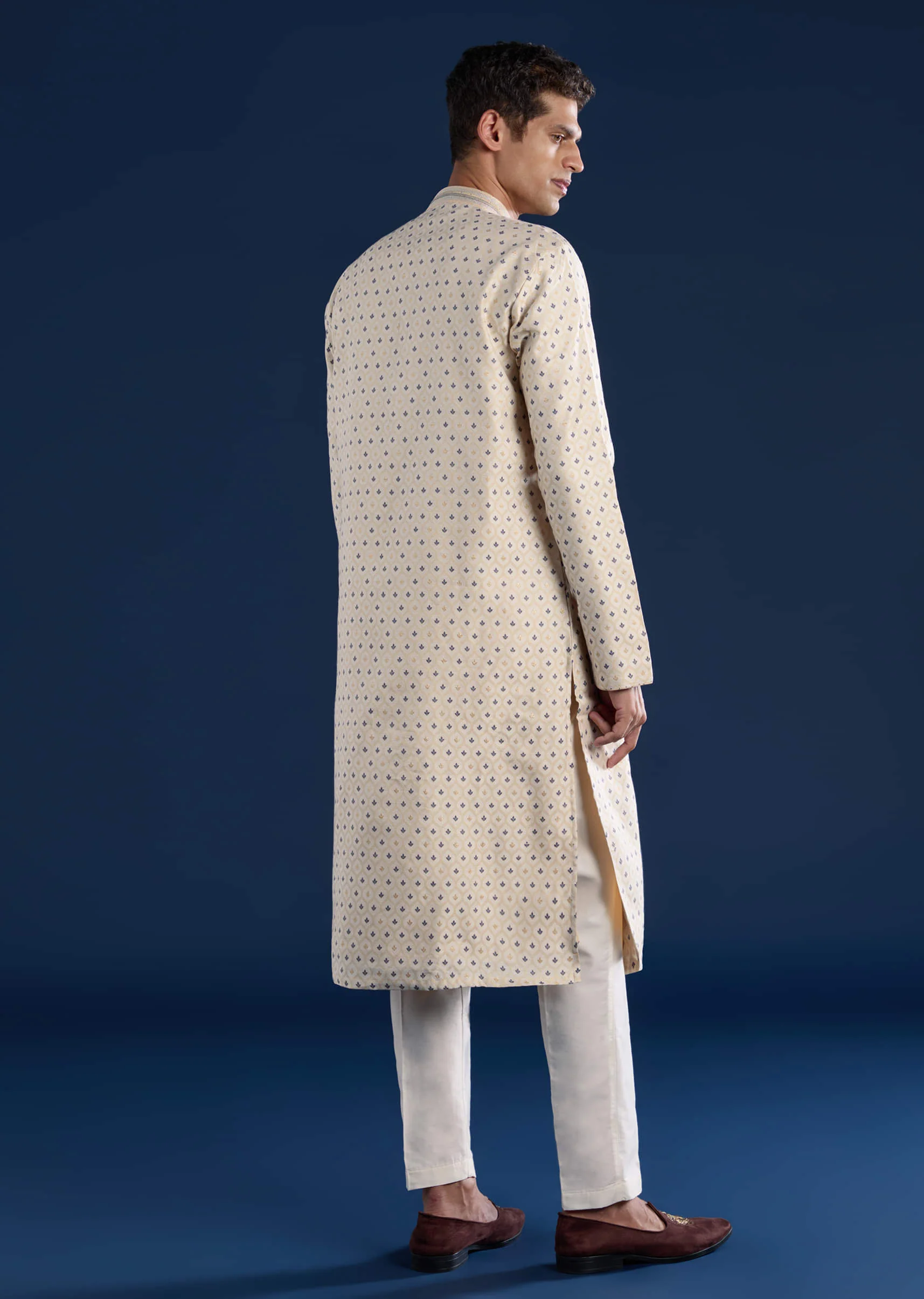 Beige Jacquard Mens Kurta and Pant Set - Image 5