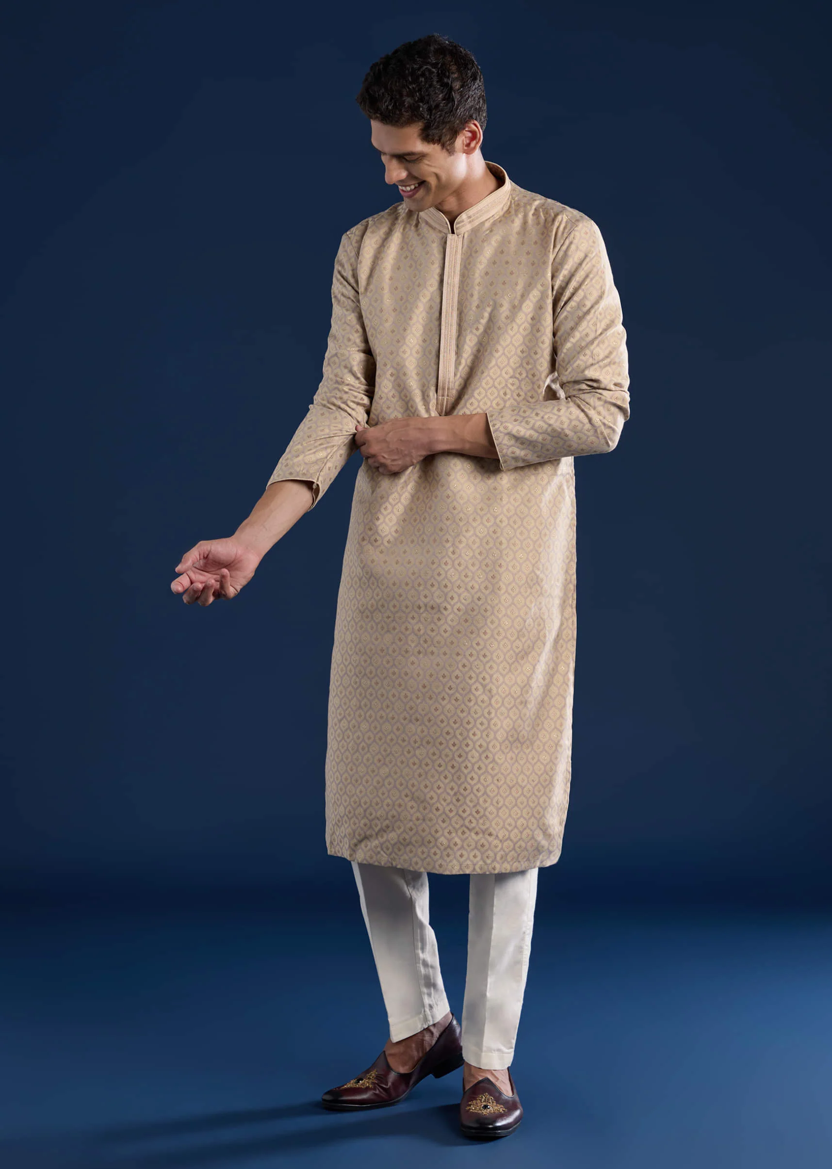 Beige Jacquard Mens Kurta Set - Image 2