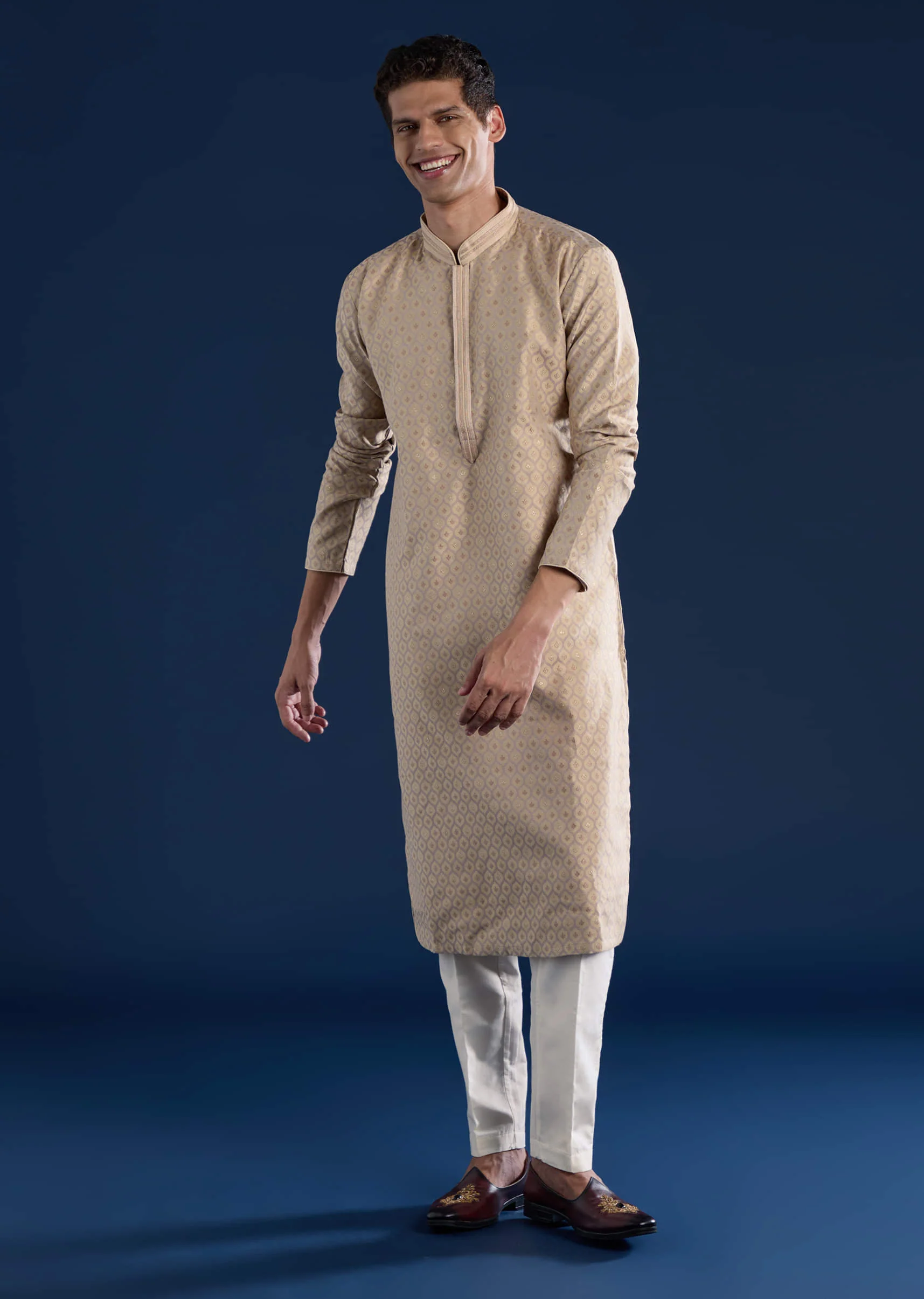 Beige Jacquard Mens Kurta Set - Image 4