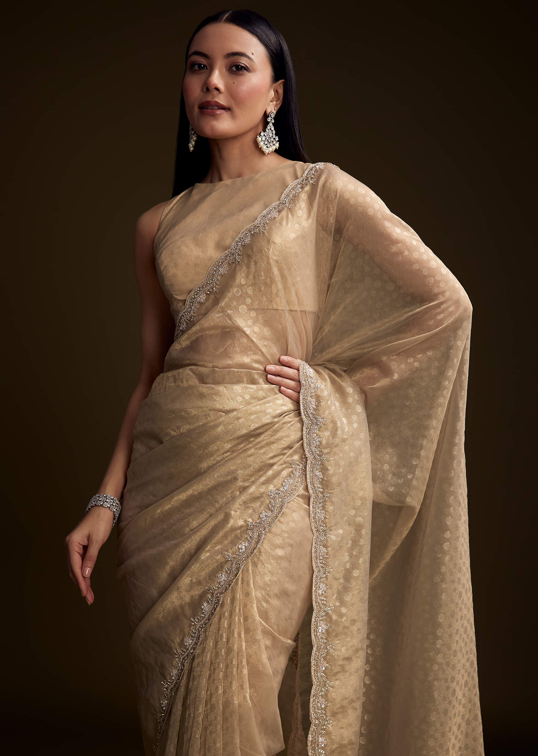 Beige Jacquard Saree With Sequin And Stone Embroidery - Image 10