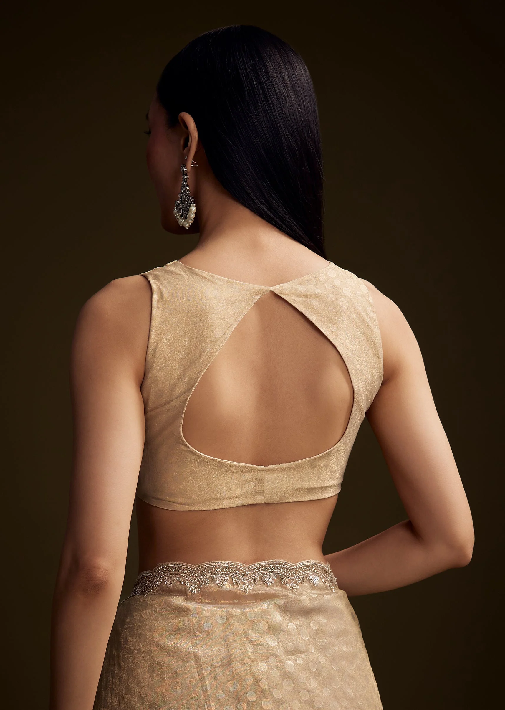 Beige Jacquard Saree With Sequin And Stone Embroidery - Image 8