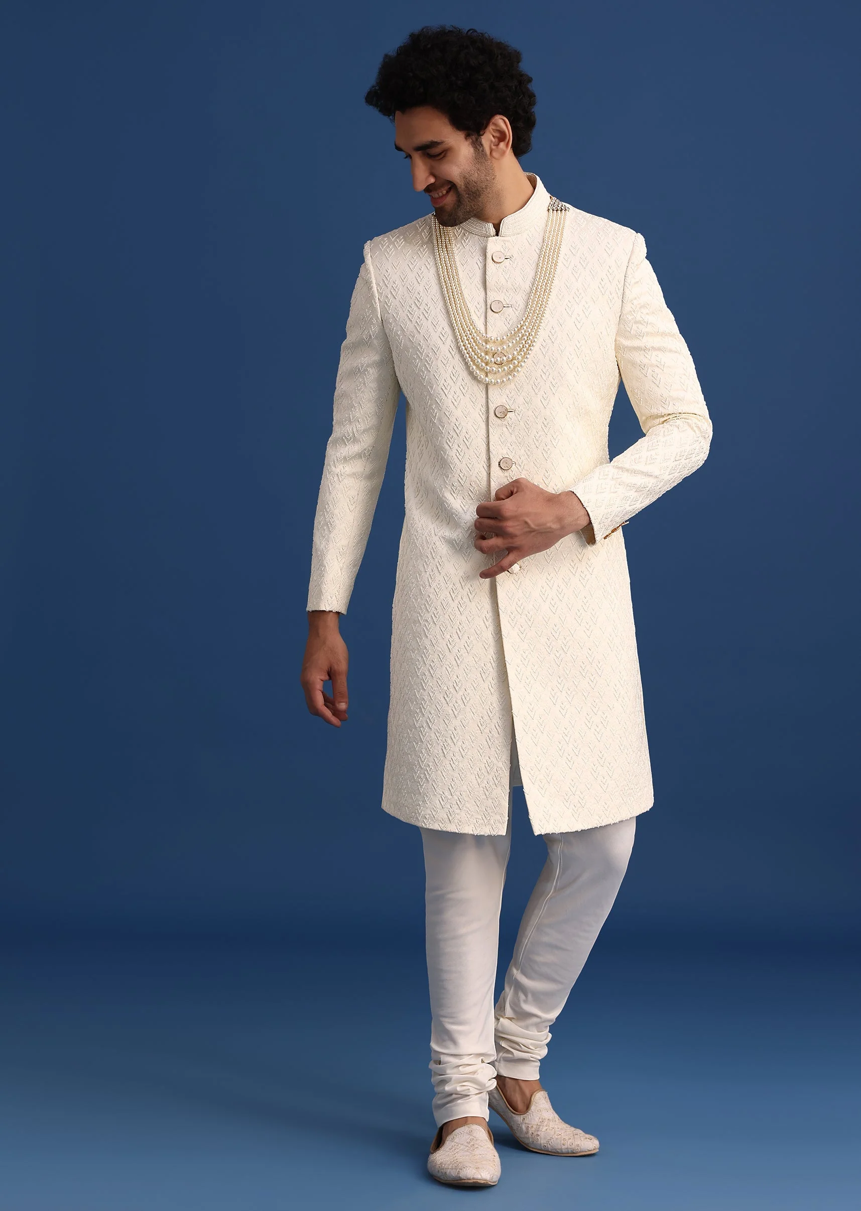 Beige Jacquard Sherwani And Kurta Set - Image 2