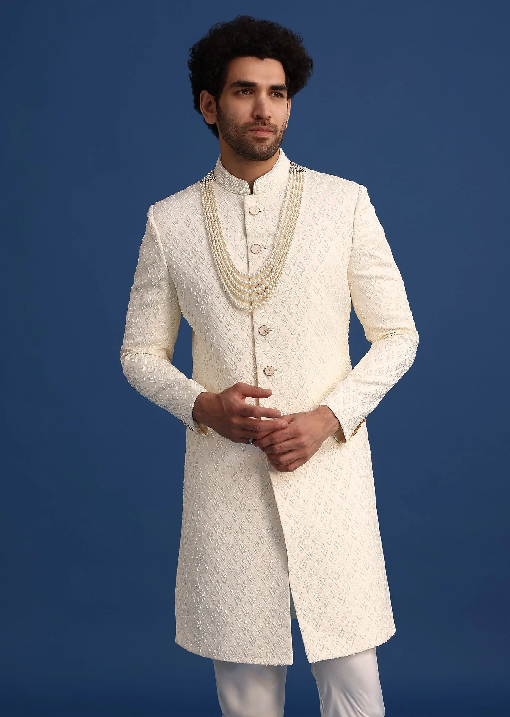 Beige Jacquard Sherwani And Kurta Set - Image 3