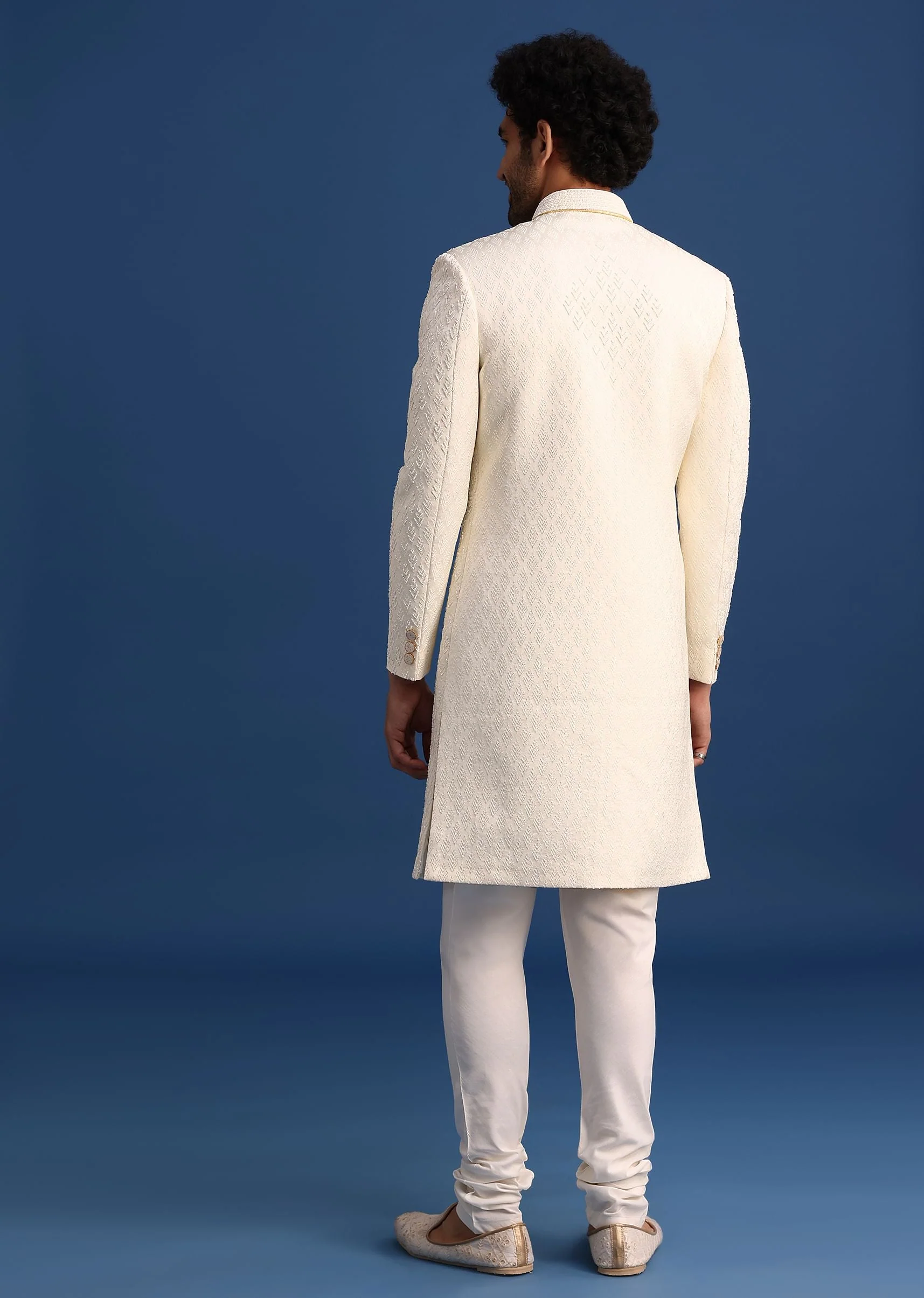 Beige Jacquard Sherwani And Kurta Set - Image 5