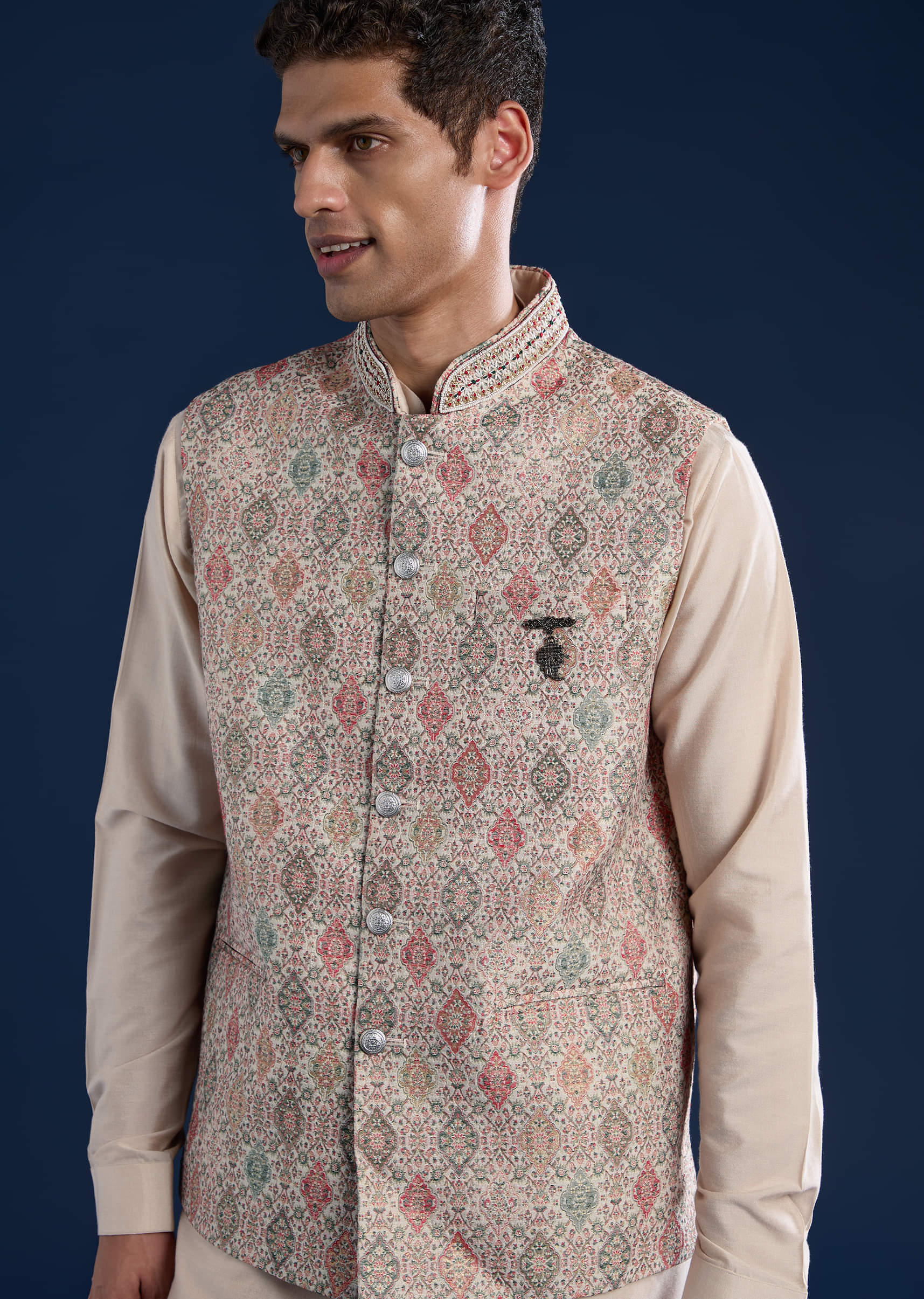 Beige Jacquard Silk Embroidered Jacket Kurta Set - Image 2
